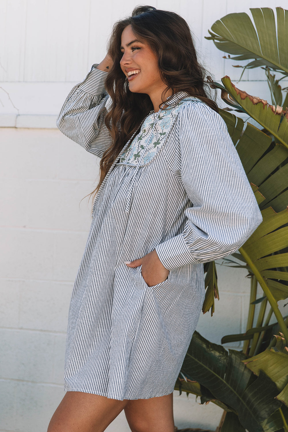 Blue Zone Planet | Black Stripe Floral Patchwork Tied V Neck Shift Long Sleeve Mini Dress-TOPS / DRESSES-[Adult]-[Female]-2022 Online Blue Zone Planet