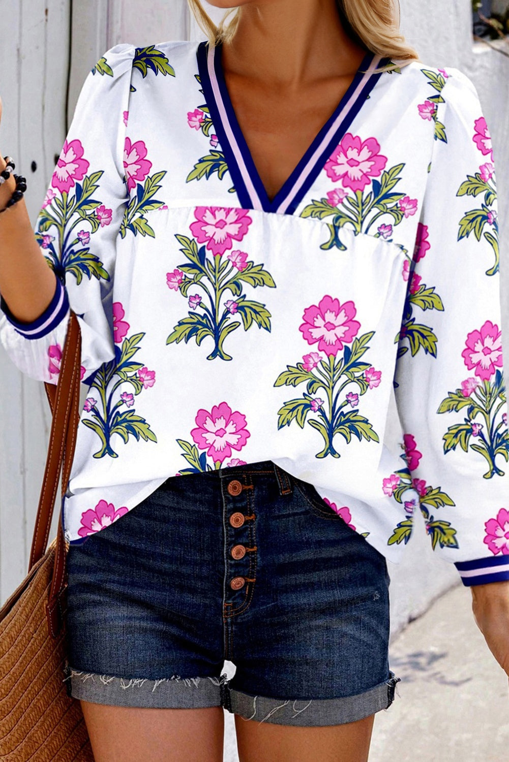White Floral Print Striped V Neck Blouse-Tops/Blouses & Shirts-[Adult]-[Female]-2022 Online Blue Zone Planet