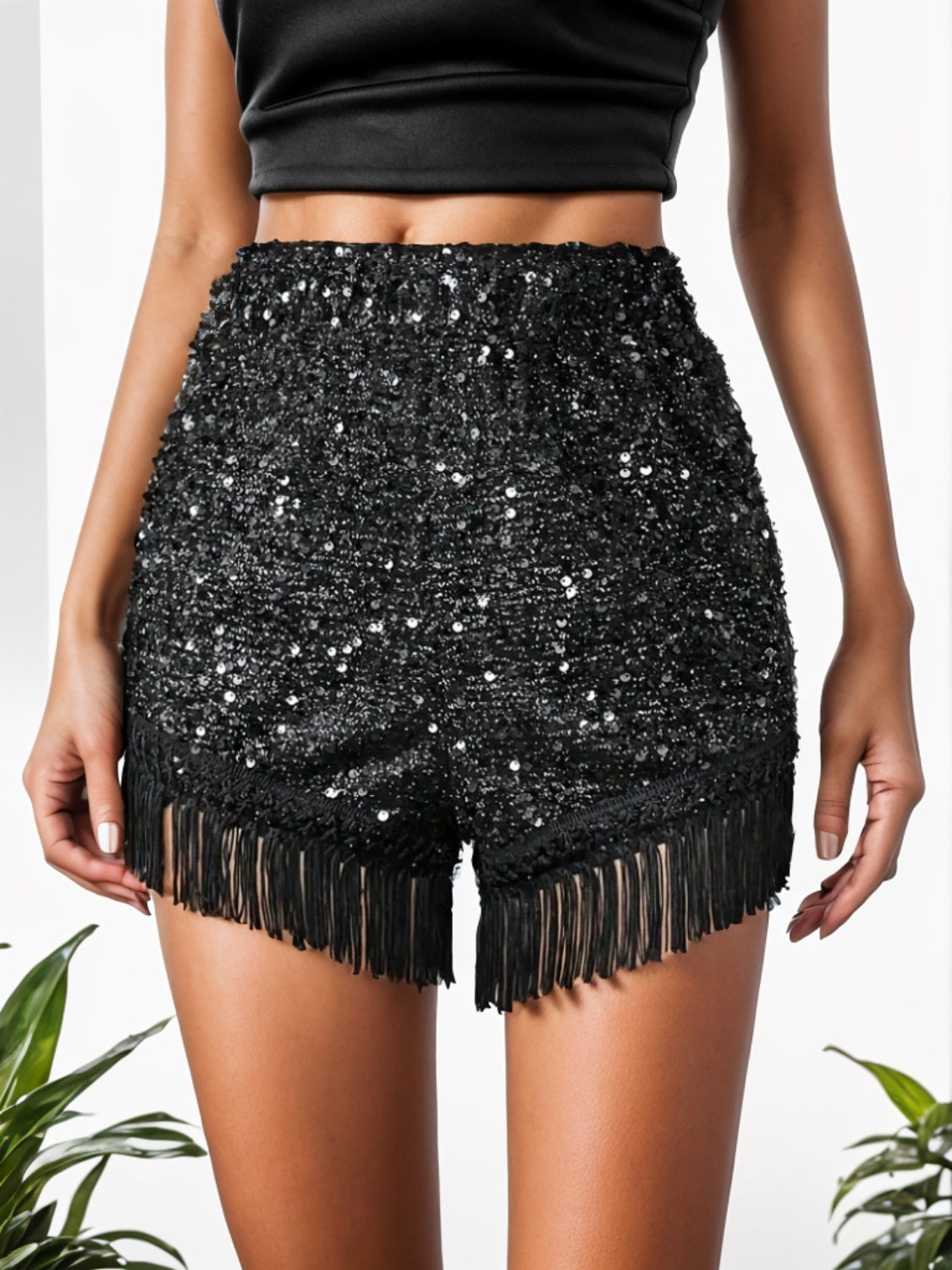 Fringe Sequin Mid-Rise Waist Shorts-TOPS / DRESSES-[Adult]-[Female]-2022 Online Blue Zone Planet