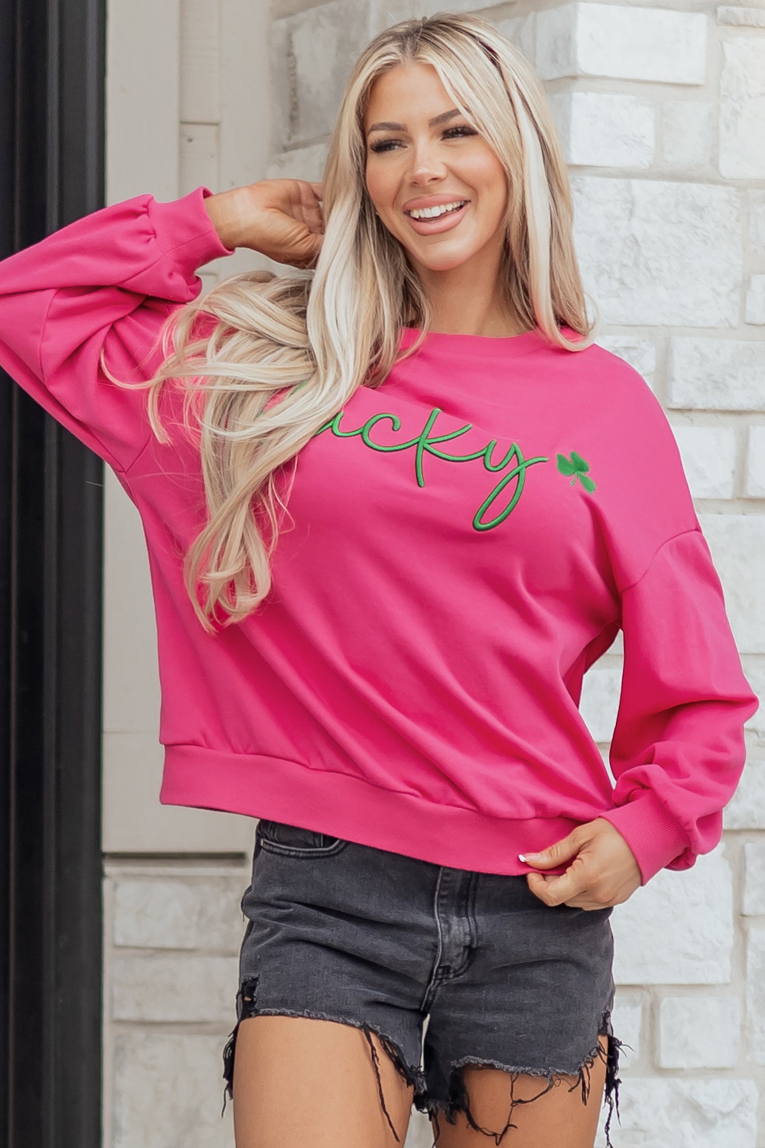 Rose Red Lucky Clover Embroidered Loose Pullover Sweatshirt-Tops/Sweatshirts & Hoodies-[Adult]-[Female]-2022 Online Blue Zone Planet