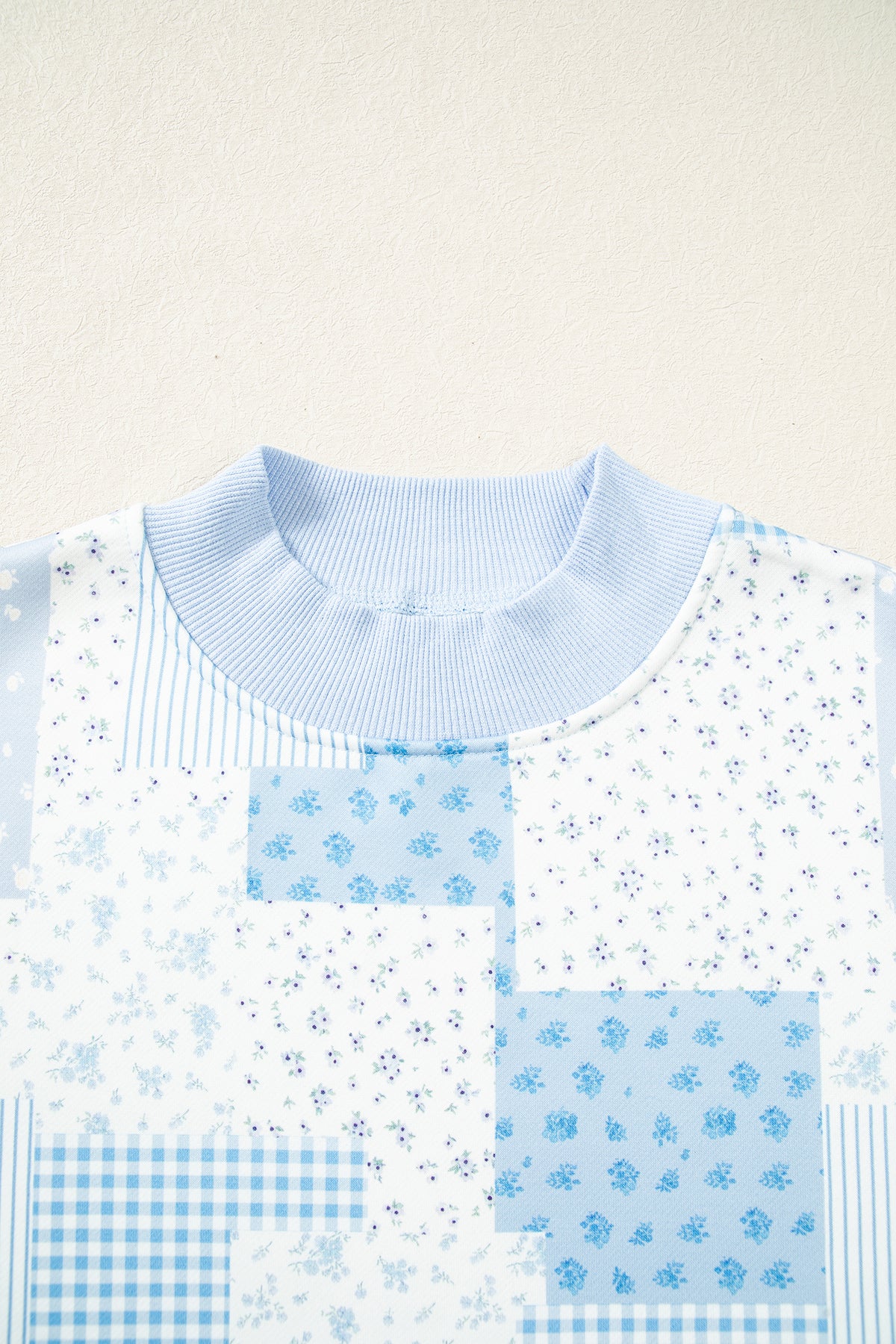 Sky Blue Patchwork Floral Print Mock Neck Long Sleeve Sweatshirt-Tops/Sweatshirts & Hoodies-[Adult]-[Female]-2022 Online Blue Zone Planet