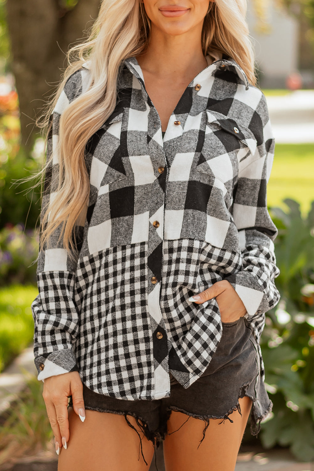 Black Double Plaid Patchwork Drawstring Hooded Shacket-Tops / Dresses-[Adult]-[Female]-2022 Online Blue Zone Planet