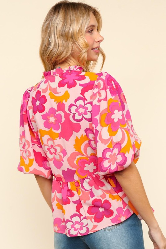 Haptics Full Size Frill Floral Puff Sleeve Blouse-TOPS / DRESSES-[Adult]-[Female]-2022 Online Blue Zone Planet