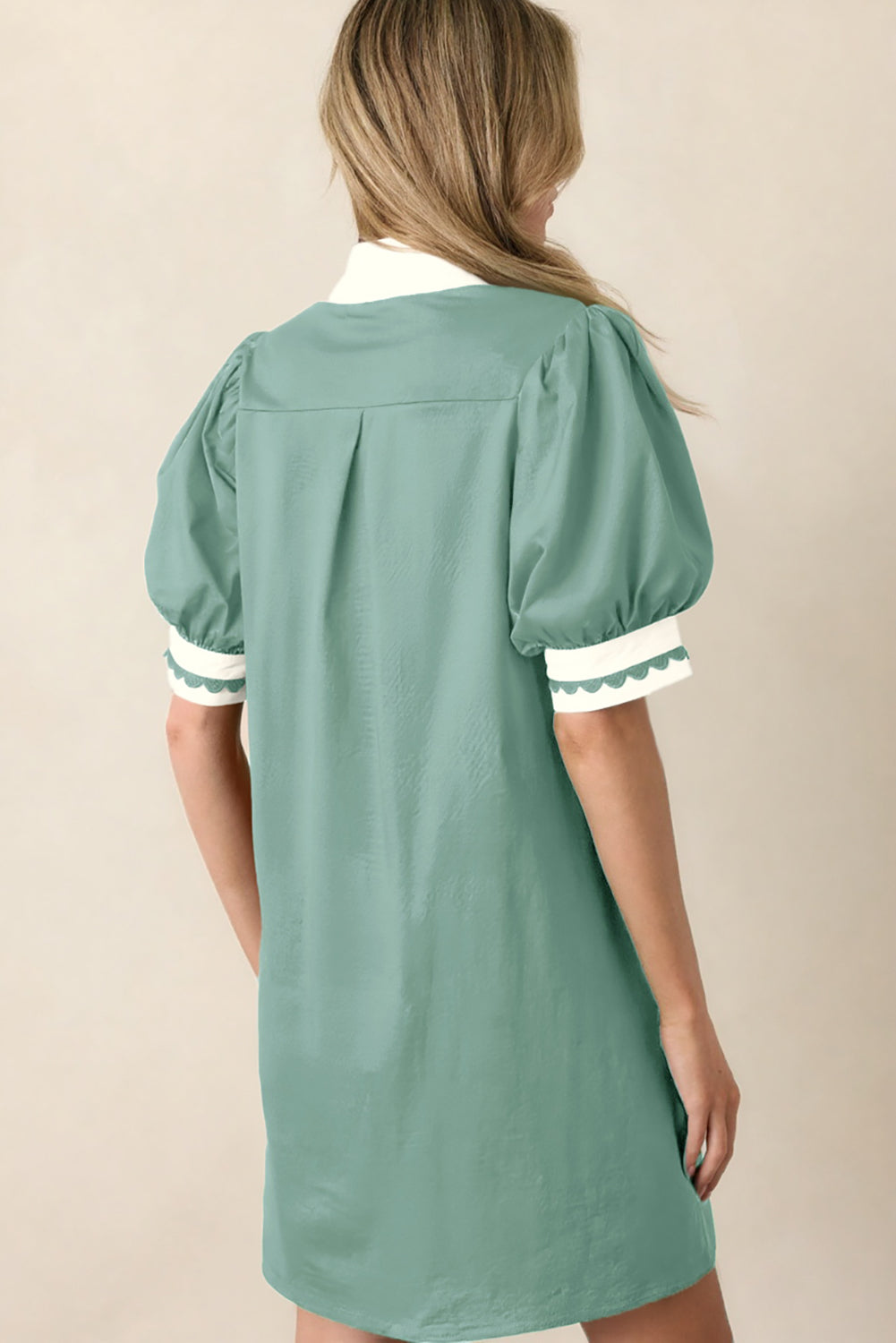 Canton Scallop Color Block Trim Puff Sleeve Mini Dress-Dresses/Mini Dresses-[Adult]-[Female]-2022 Online Blue Zone Planet