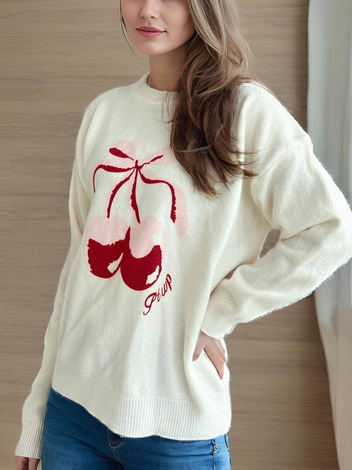 Cherry Round Neck Long Sleeve Sweater-TOPS / DRESSES-[Adult]-[Female]-2022 Online Blue Zone Planet