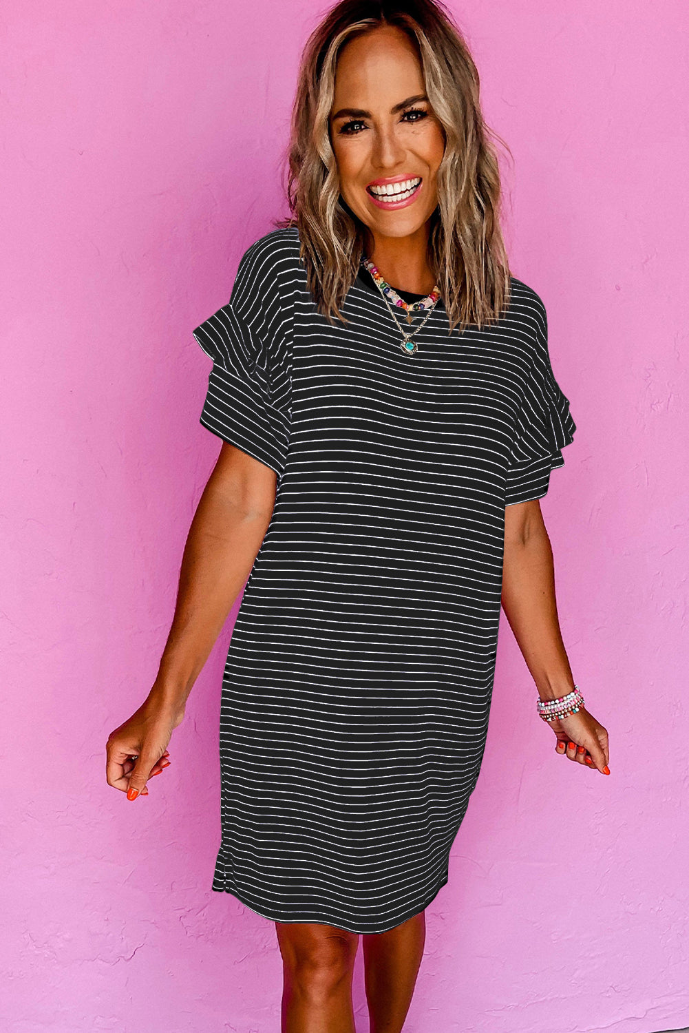 Black Stripe Ruffled Short Sleeve Crew Neck T Shirt Shift Mini Dress-TOPS / DRESSES-[Adult]-[Female]-2022 Online Blue Zone Planet