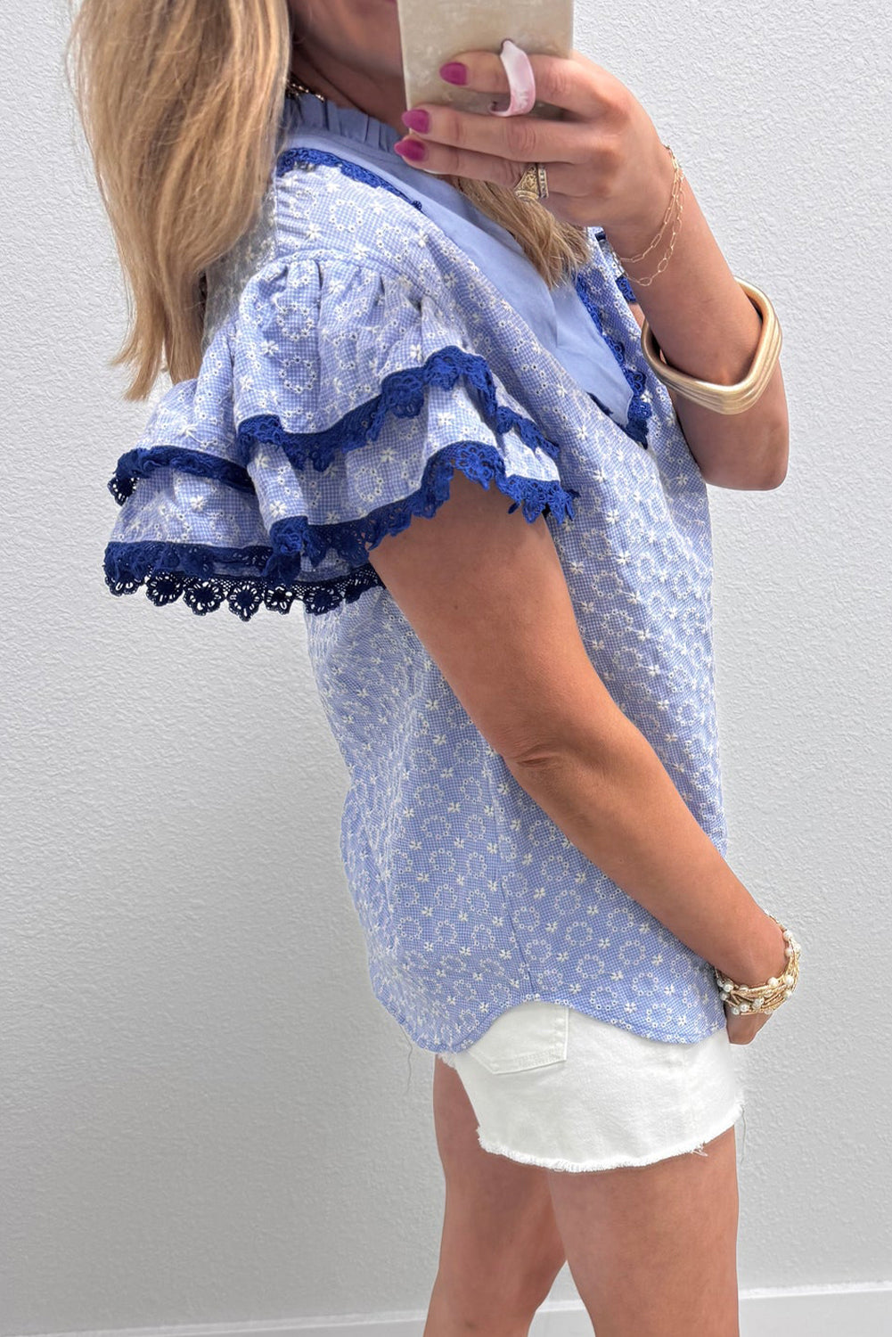 Beau Blue Eyelet Embroidered Flower Texture Contrast Lace Trim Flutter Sleeve Blouse-Tops/Blouses & Shirts-[Adult]-[Female]-2022 Online Blue Zone Planet