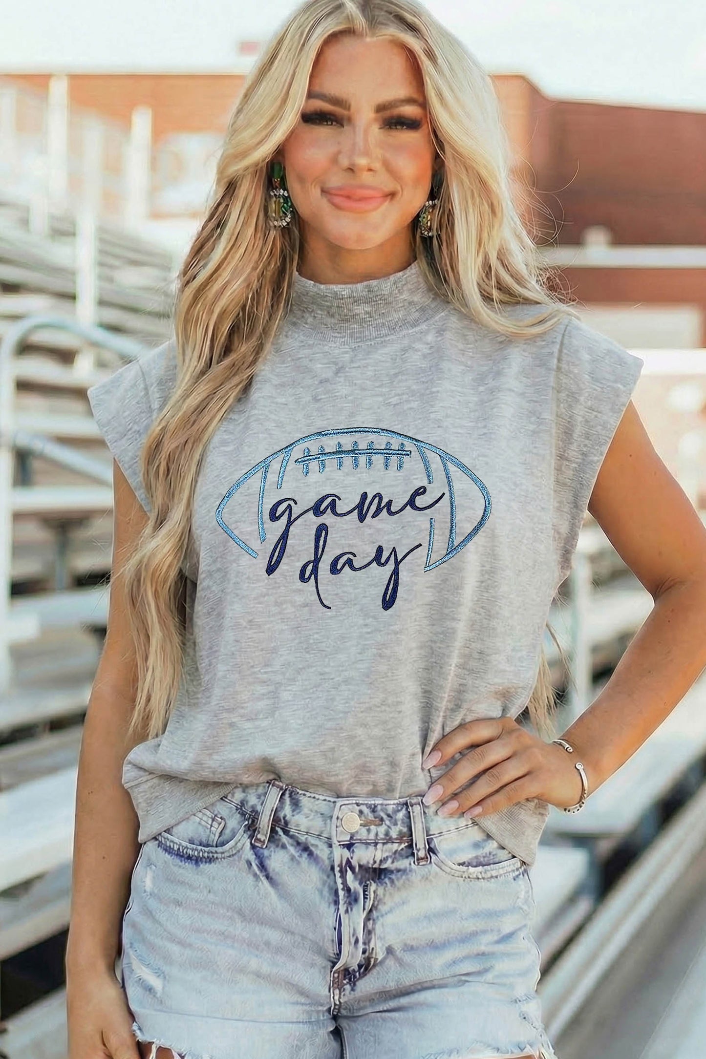 Light Grey Embroidered Game Day Football High Neck Short Sleeve Top