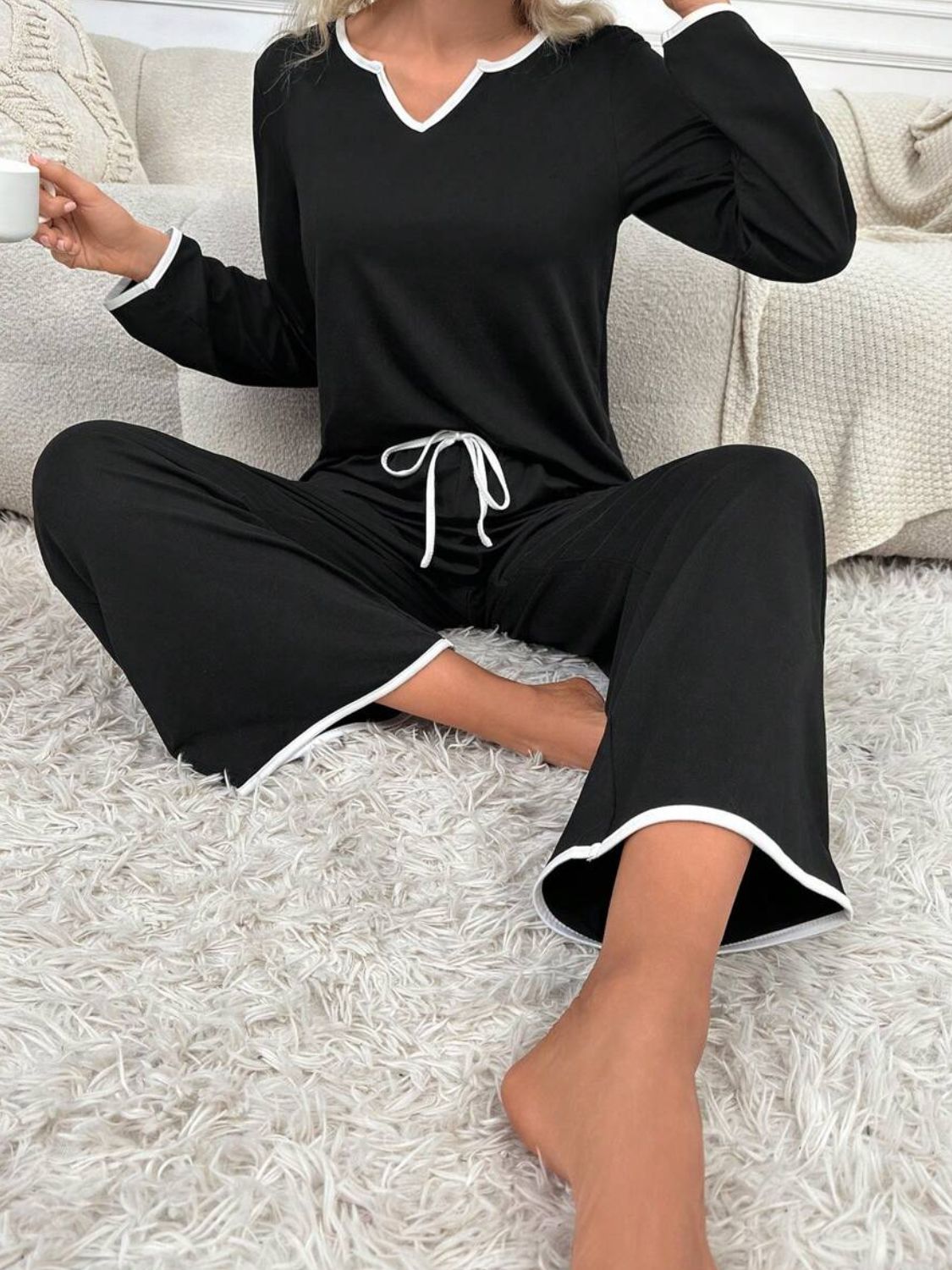 Contrast Trim Notched Long Sleeve Top and Pants Lounge Set-TOPS / DRESSES-[Adult]-[Female]-2022 Online Blue Zone Planet