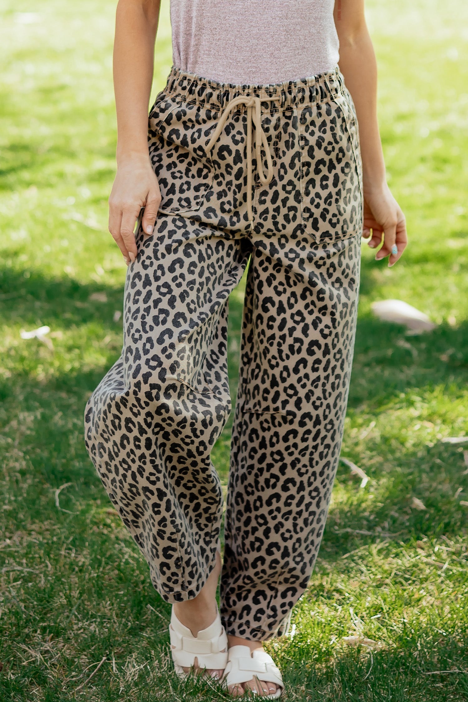 Khaki Leopard Print Drawstring Elastic Waist Loose Denim Pants with Pockets-Bottoms/Jeans-[Adult]-[Female]-2022 Online Blue Zone Planet