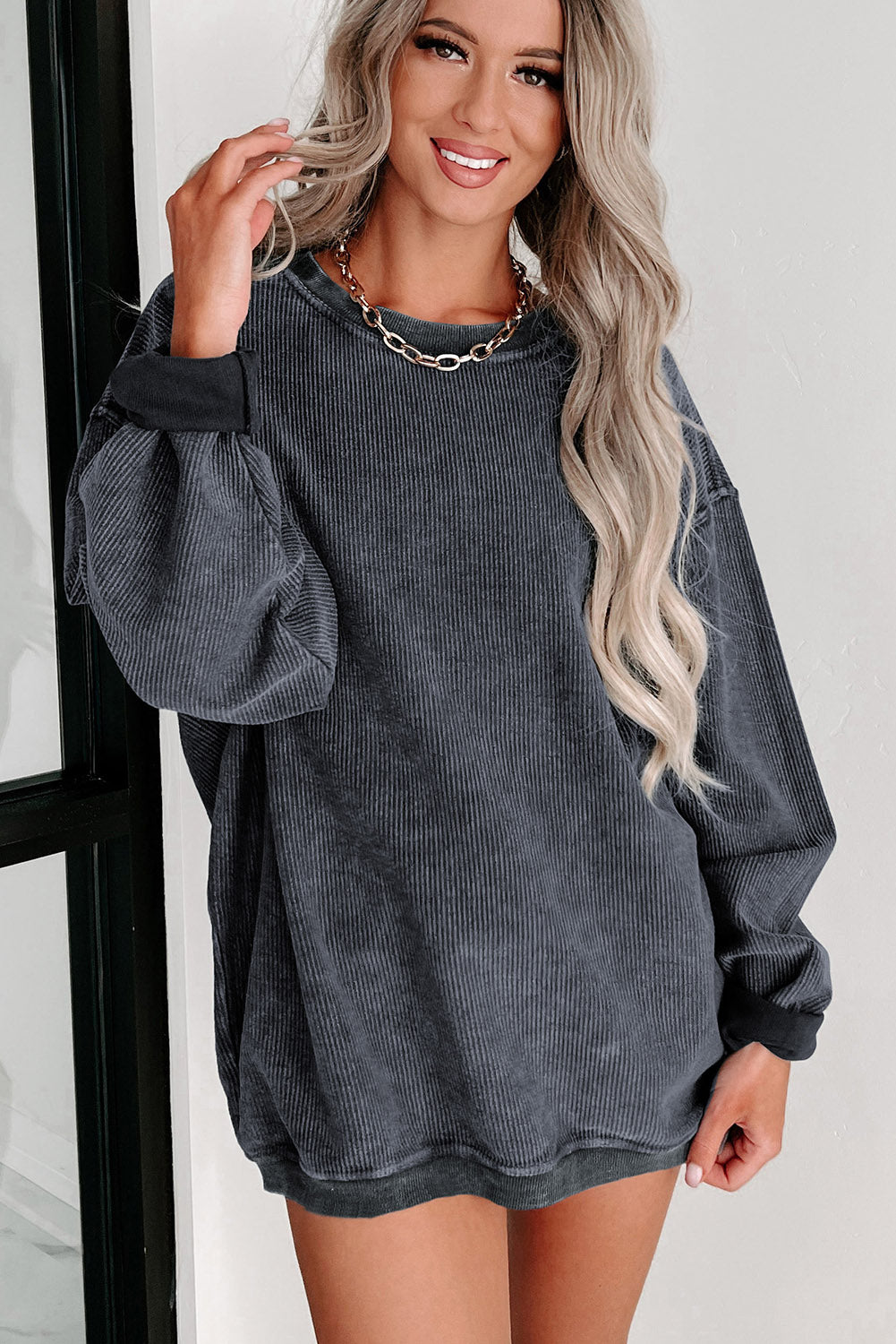 Khaki Solid Ribbed Knit Round Neck Pullover Sweatshirt-Tops/Sweatshirts & Hoodies-[Adult]-[Female]-2022 Online Blue Zone Planet
