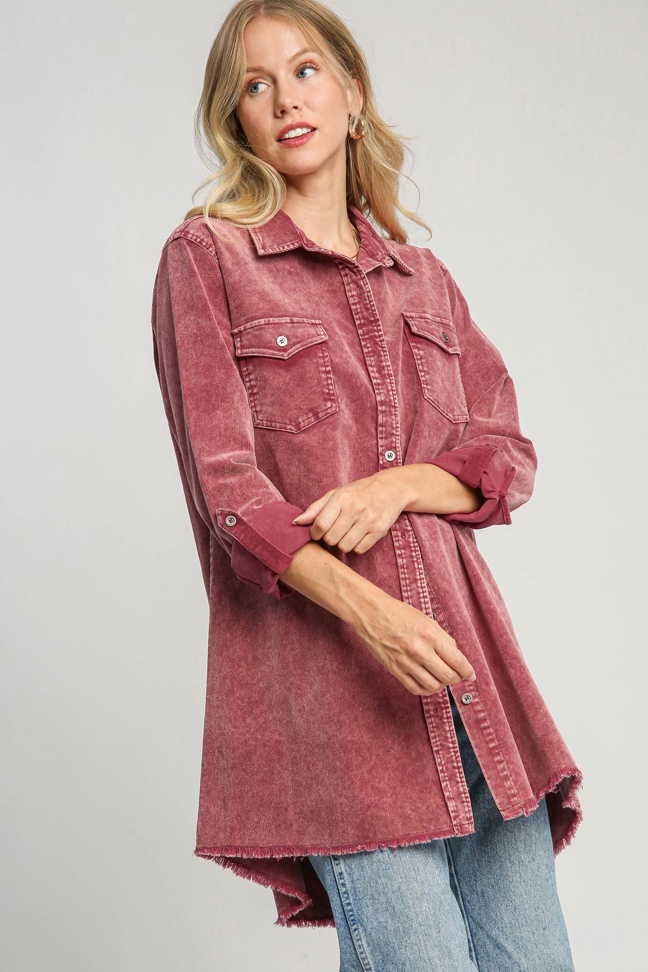 Umgee Raw Hem Button Down Denim Jacket with Chest Pockets-TOPS / DRESSES-[Adult]-[Female]-2022 Online Blue Zone Planet