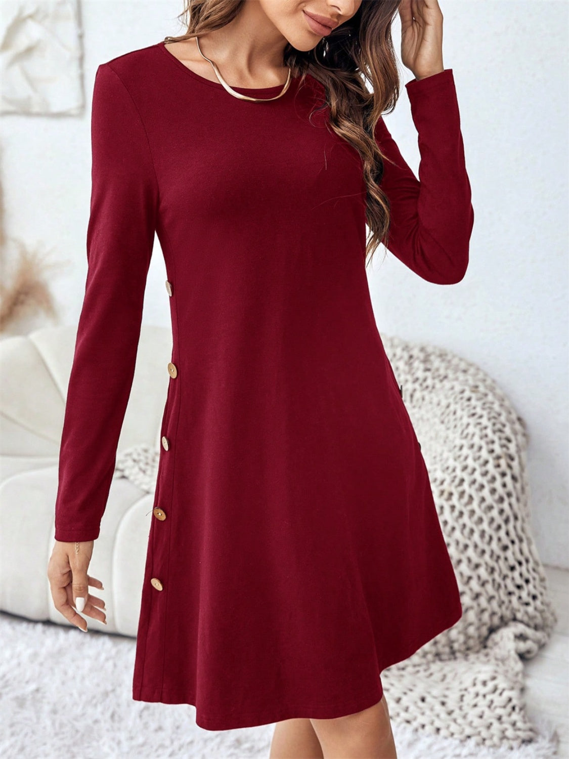 Round Neck Long Sleeve Mini Dress with Pockets-TOPS / DRESSES-[Adult]-[Female]-2022 Online Blue Zone Planet