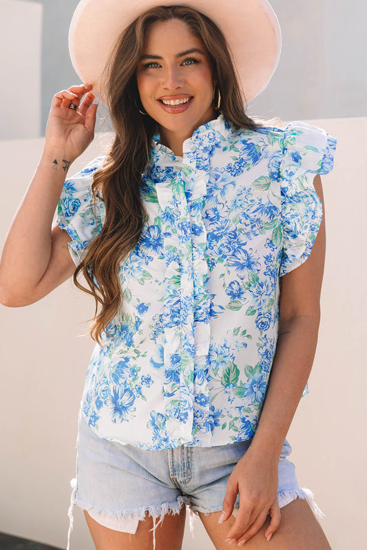 Sky Blue Floral Print Ruffle Sleeve Frilly Button Up Shirt-Tops/Blouses & Shirts-[Adult]-[Female]-Sky Blue-S-2022 Online Blue Zone Planet