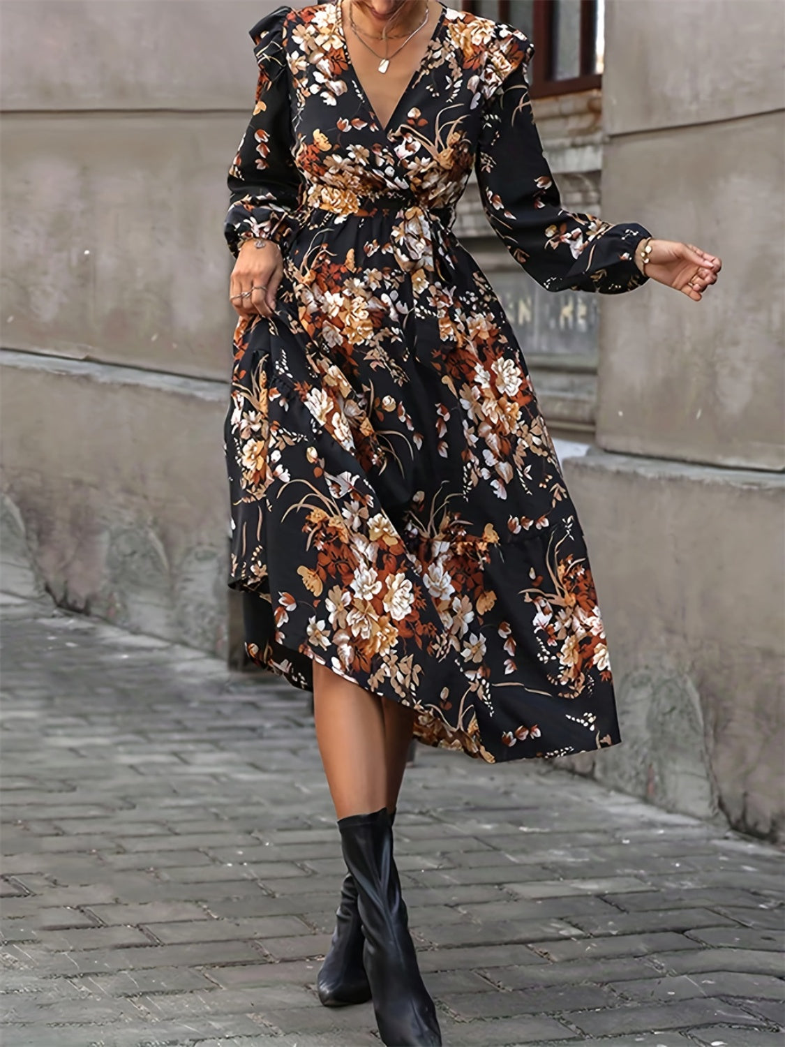 Blue Zone Planet | Ruffled Printed Surplice Long Sleeve Midi Dress-TOPS / DRESSES-[Adult]-[Female]-2022 Online Blue Zone Planet