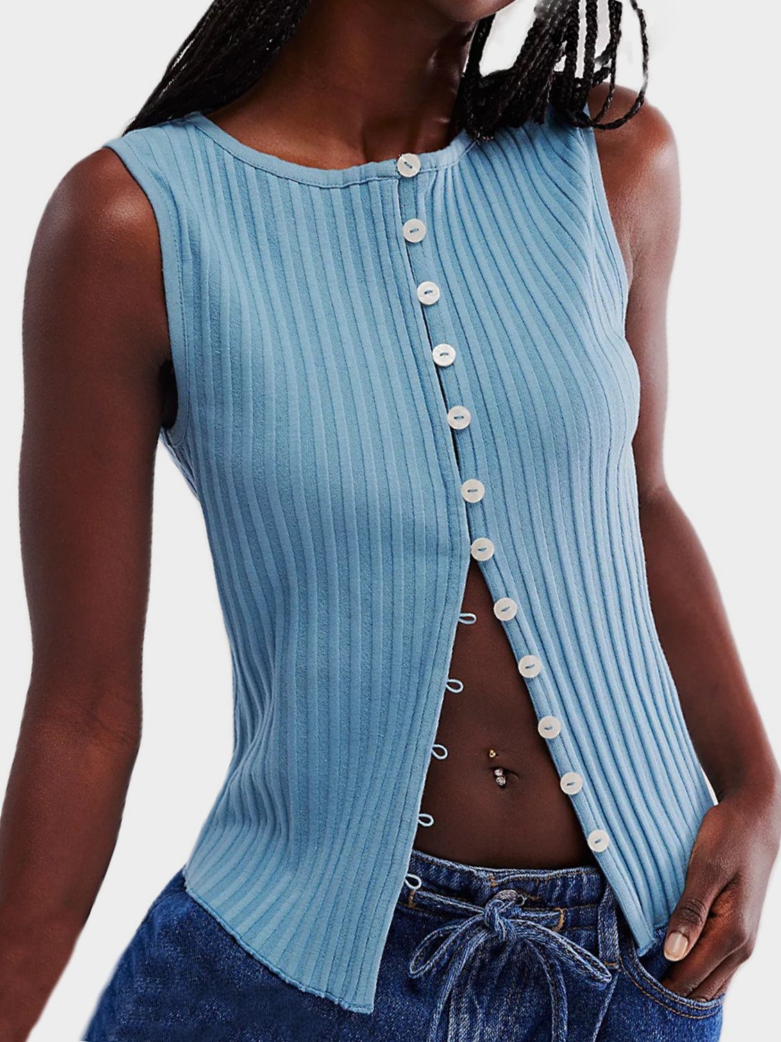 Button Down Round Neck Sweater Vest-TOPS / DRESSES-[Adult]-[Female]-Light Blue-One Size-2022 Online Blue Zone Planet