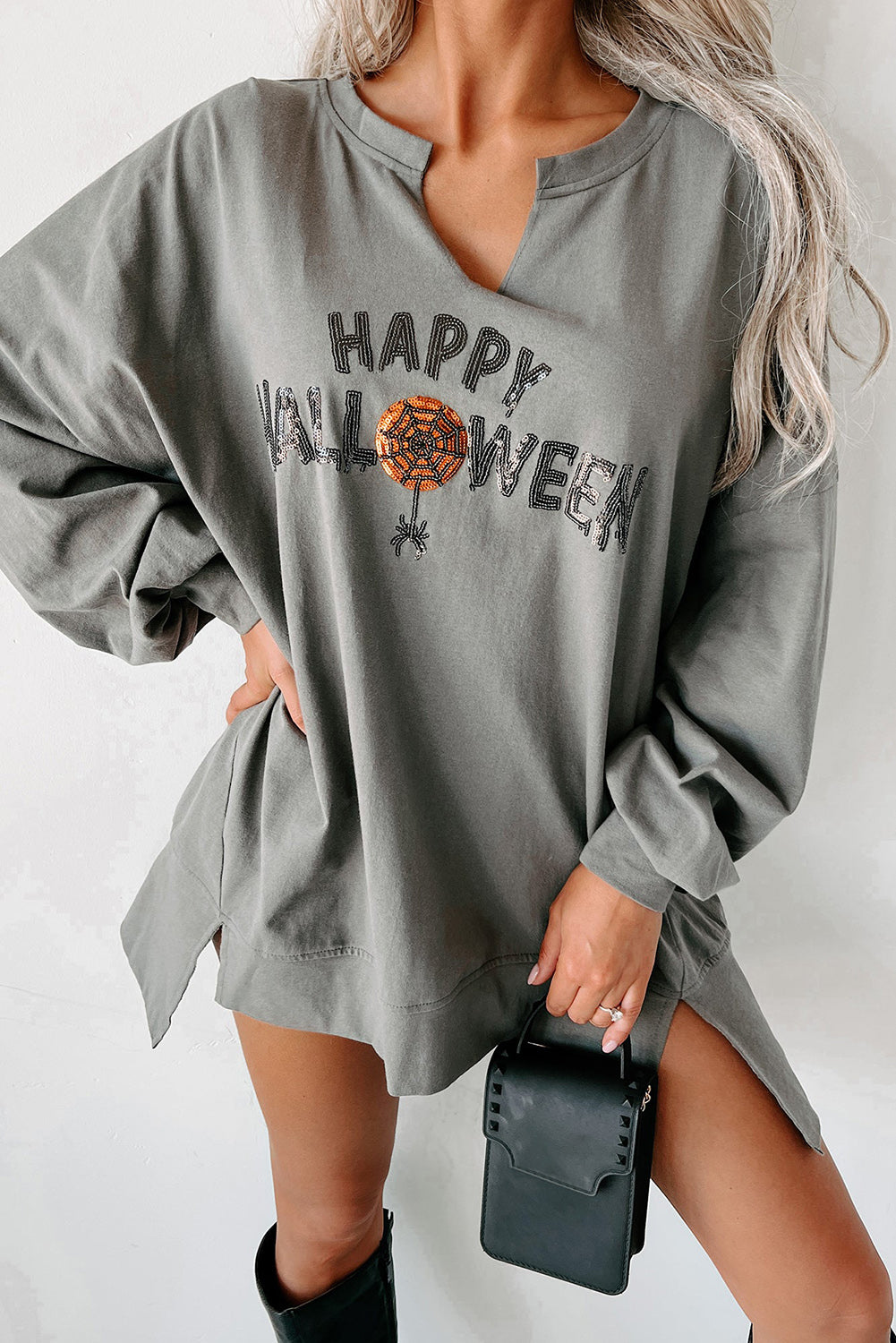 Medium Grey Sequin Happy Halloween Graphic Notched Neck Long Sleeve Loose Top-Graphic/Graphic Long Sleeve Tees-[Adult]-[Female]-Medium Grey-S-2022 Online Blue Zone Planet