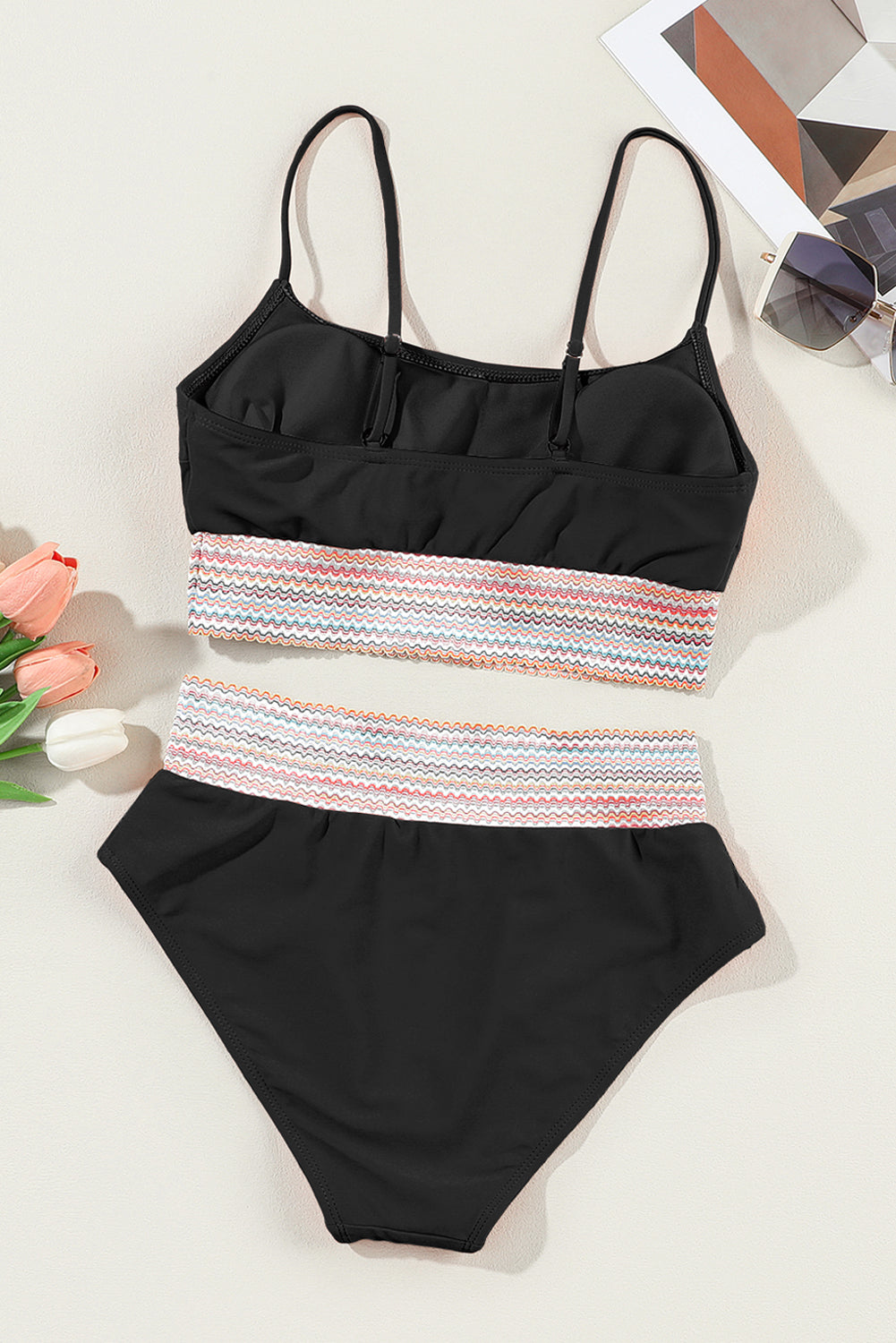 Rose Striped Patchwork Spaghetti Strap High Waist Bikini Set-Bikini Sets-[Adult]-[Female]-2022 Online Blue Zone Planet
