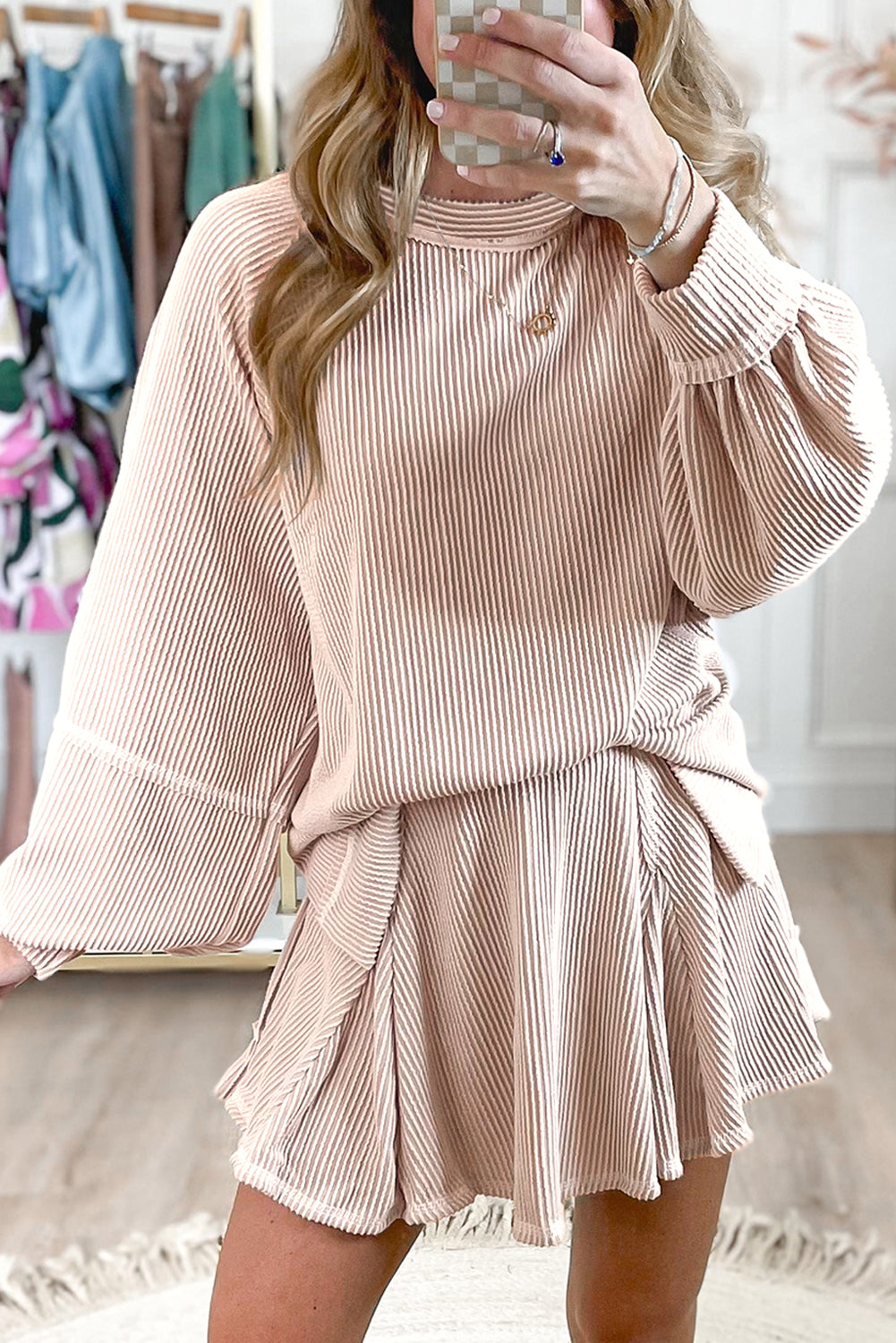 Blue Zone Planet | Jet Stream Corded Lantern Sleeve Top High Waist Ruffled Mini Skirt Set-Two Piece Sets/Two Piece Dresses-[Adult]-[Female]-2022 Online Blue Zone Planet
