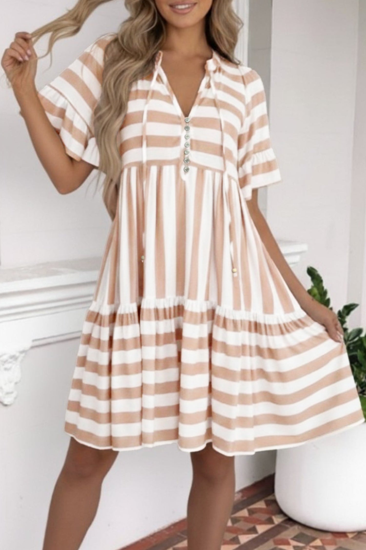 Khaki Stripe Tie V Neck Ruffle Trim Short Sleeve Flared Summer Dress-Dresses/Mini Dresses-[Adult]-[Female]-Khaki Stripe-S-2022 Online Blue Zone Planet