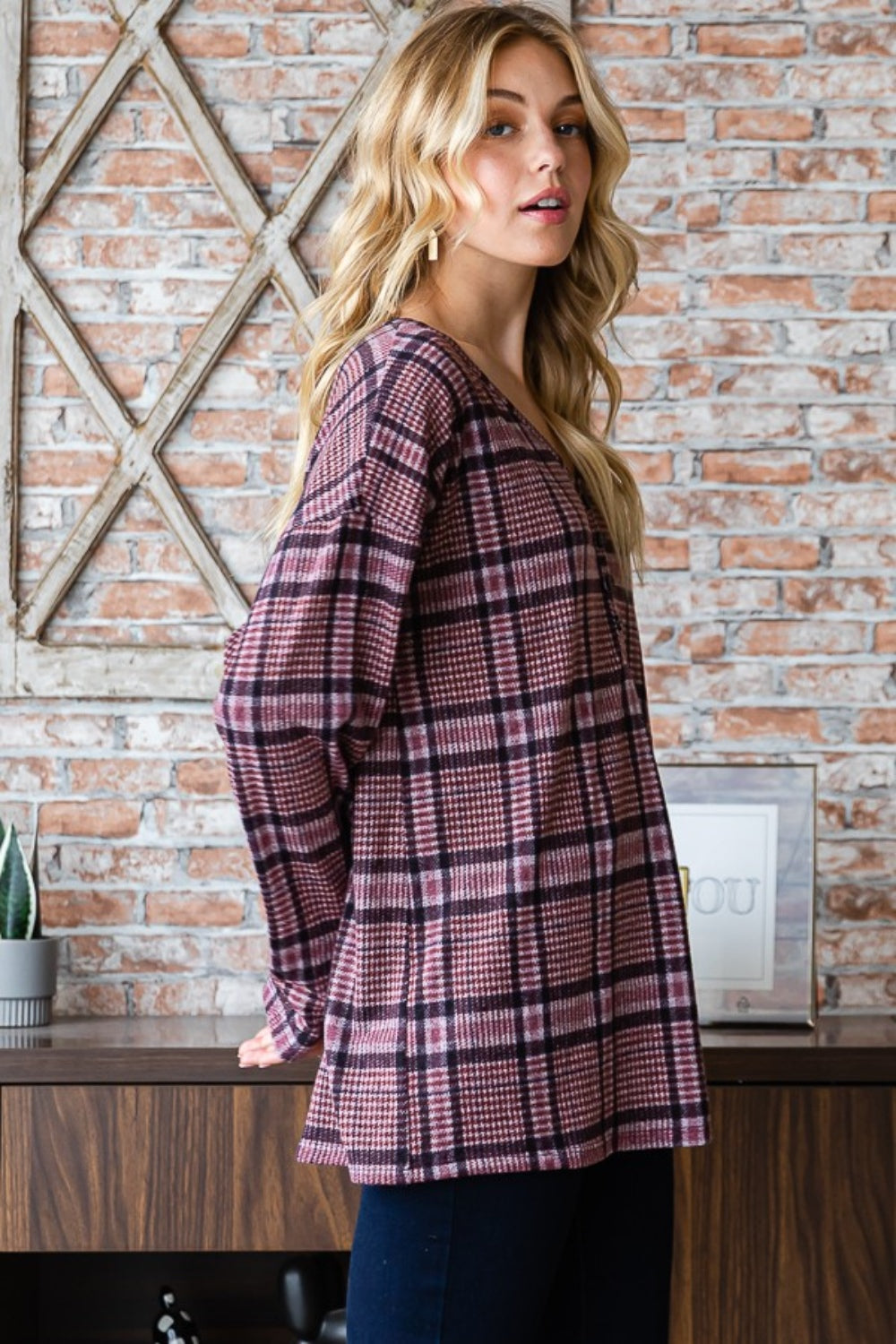 Blue Zone Planet | Heimish Full Size Plaid V-Neck Long Sleeve Top-TOPS / DRESSES-[Adult]-[Female]-2022 Online Blue Zone Planet