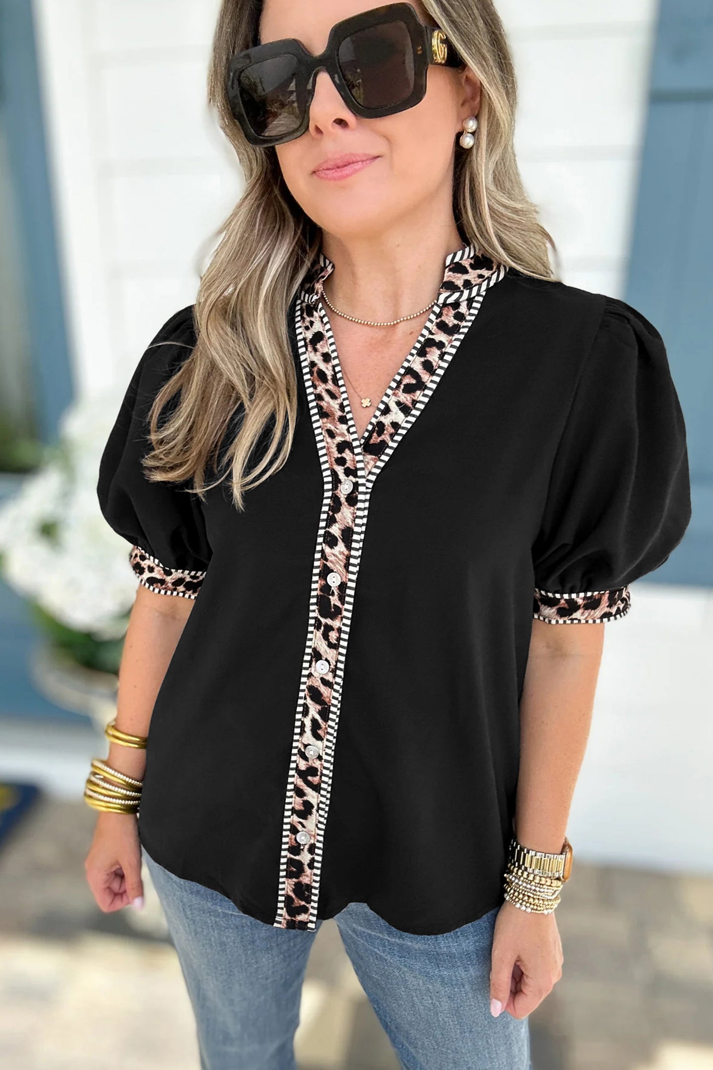 Black V Neck Short Puff Sleeve Contrast Striped Leopard Trim Button Down Shirt-Tops/Blouses & Shirts-[Adult]-[Female]-2022 Online Blue Zone Planet