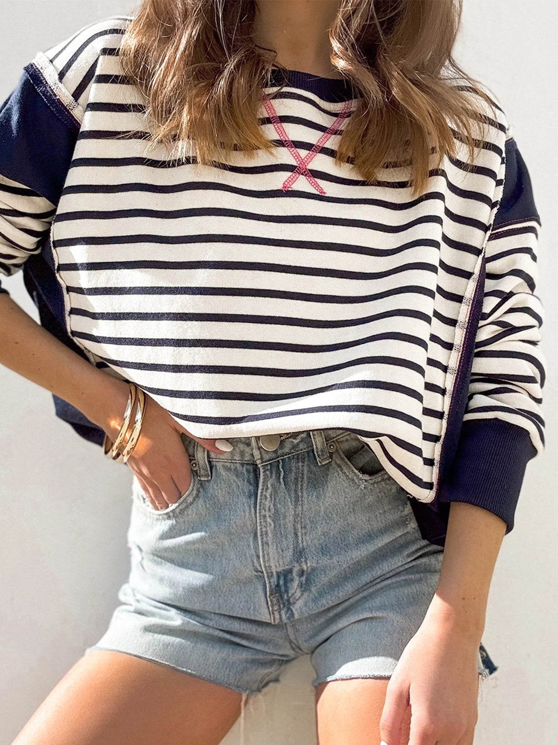 Slit Exposed Seam Striped Long Sleeve Sweatshirt-TOPS / DRESSES-[Adult]-[Female]-2022 Online Blue Zone Planet