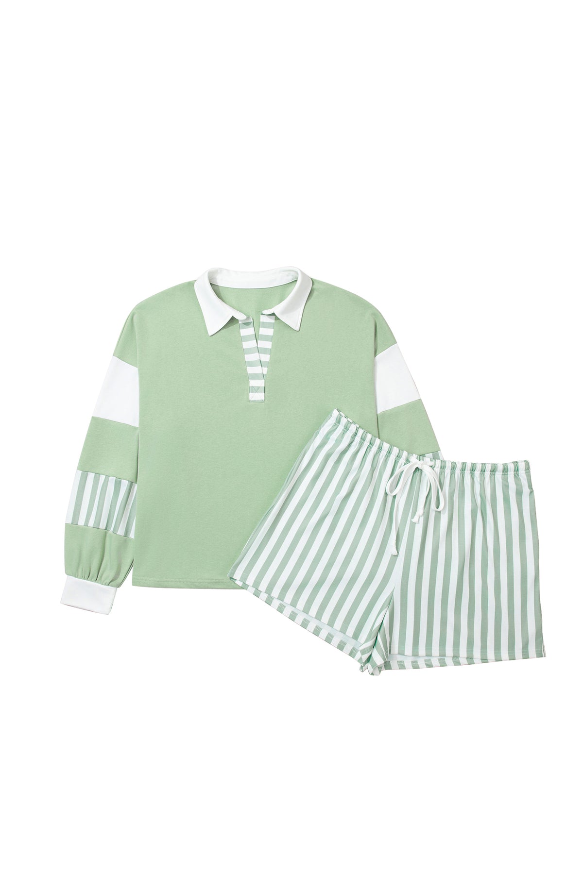 Smoke Green Striped Patchwork V Neck Two Piece Shorts Plus Size Set-Plus Size/Plus Size Loungewear-[Adult]-[Female]-2022 Online Blue Zone Planet