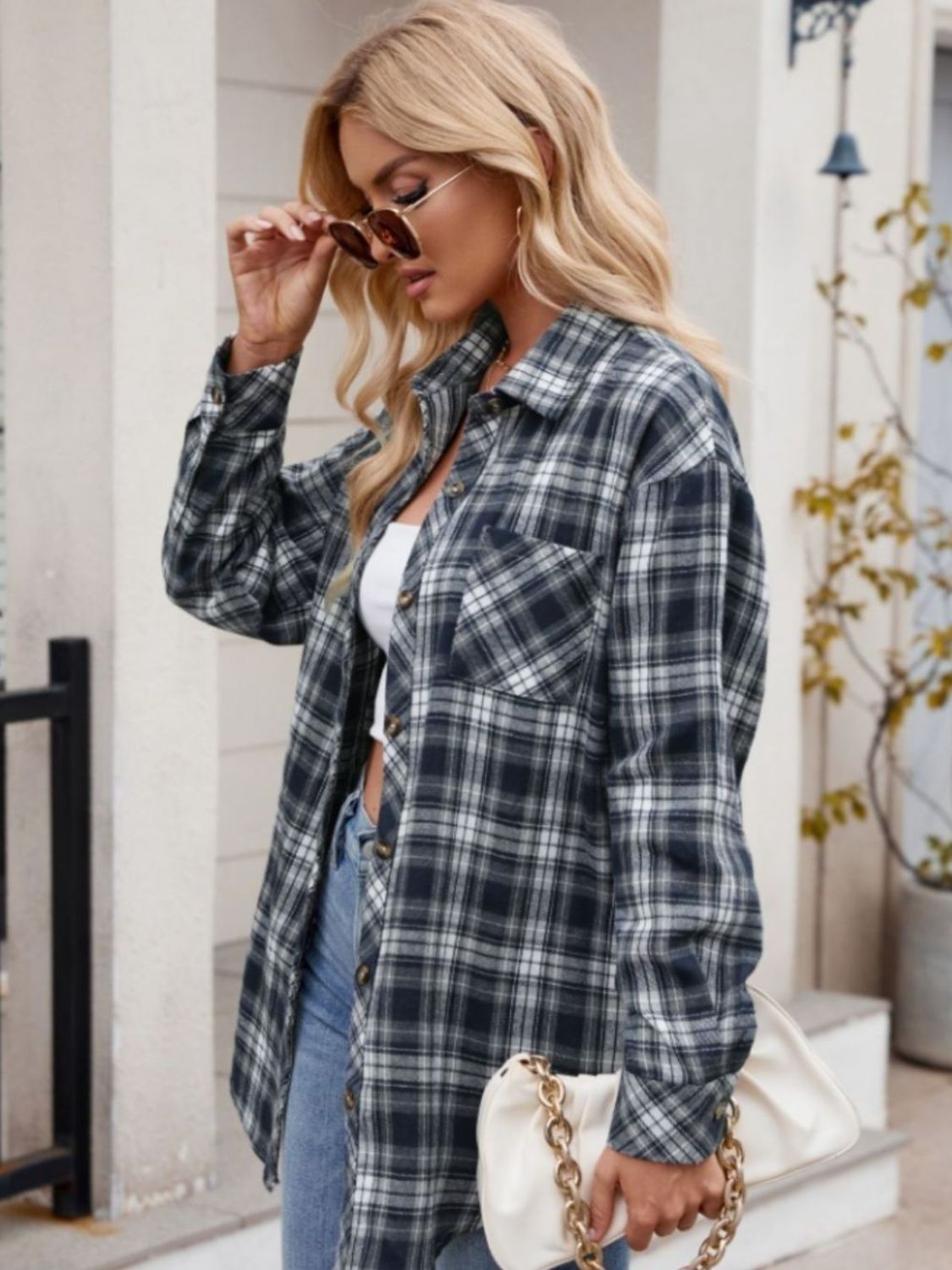 Blue Zone Planet | Pocketed Plaid Collared Neck Long Sleeve Shirt-TOPS / DRESSES-[Adult]-[Female]-Dark Navy-S-2022 Online Blue Zone Planet