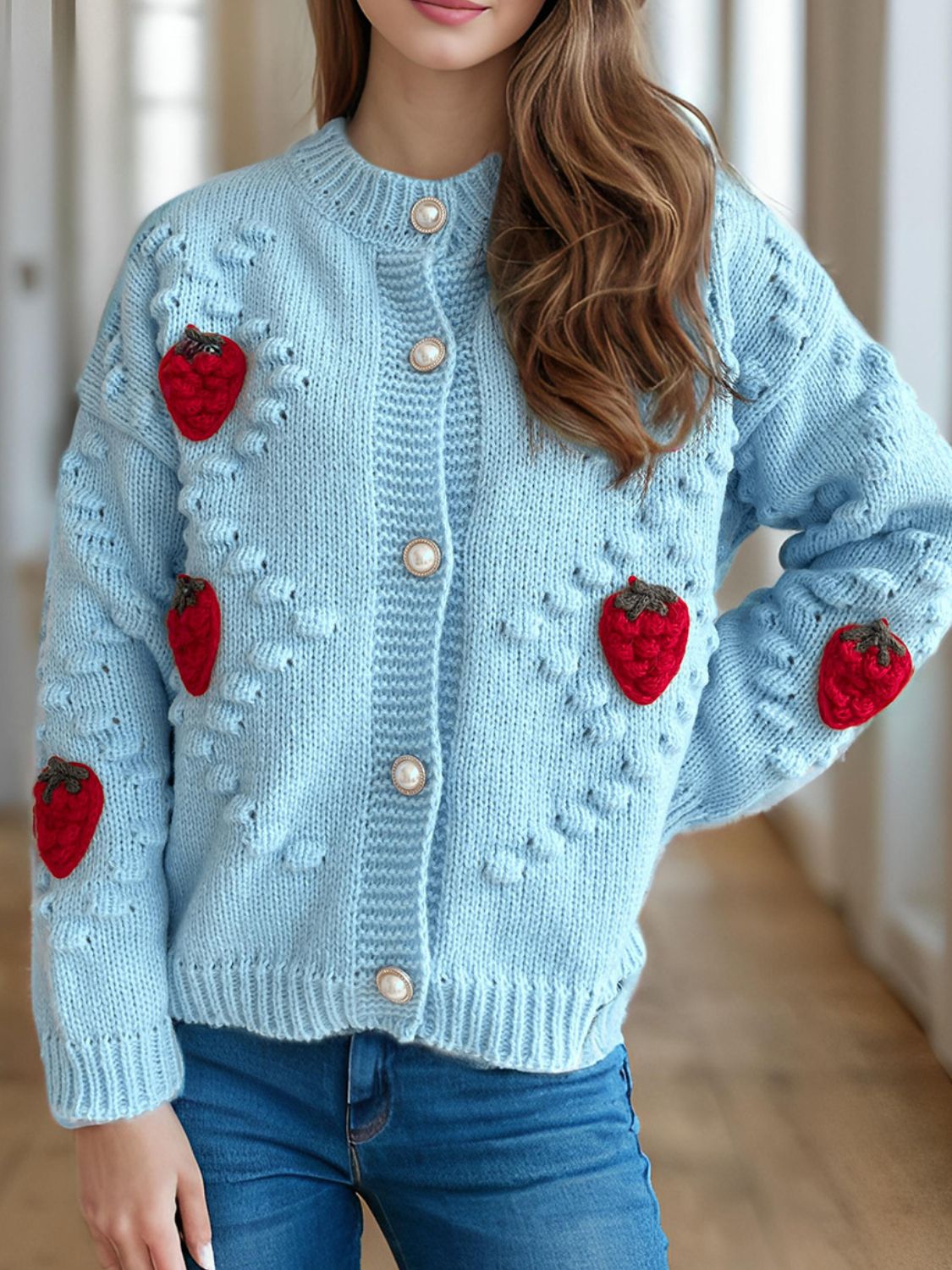 Strawberry Button Down Long Sleeve Cardigan-NEW ARRIVALS-[Adult]-[Female]-2022 Online Blue Zone Planet