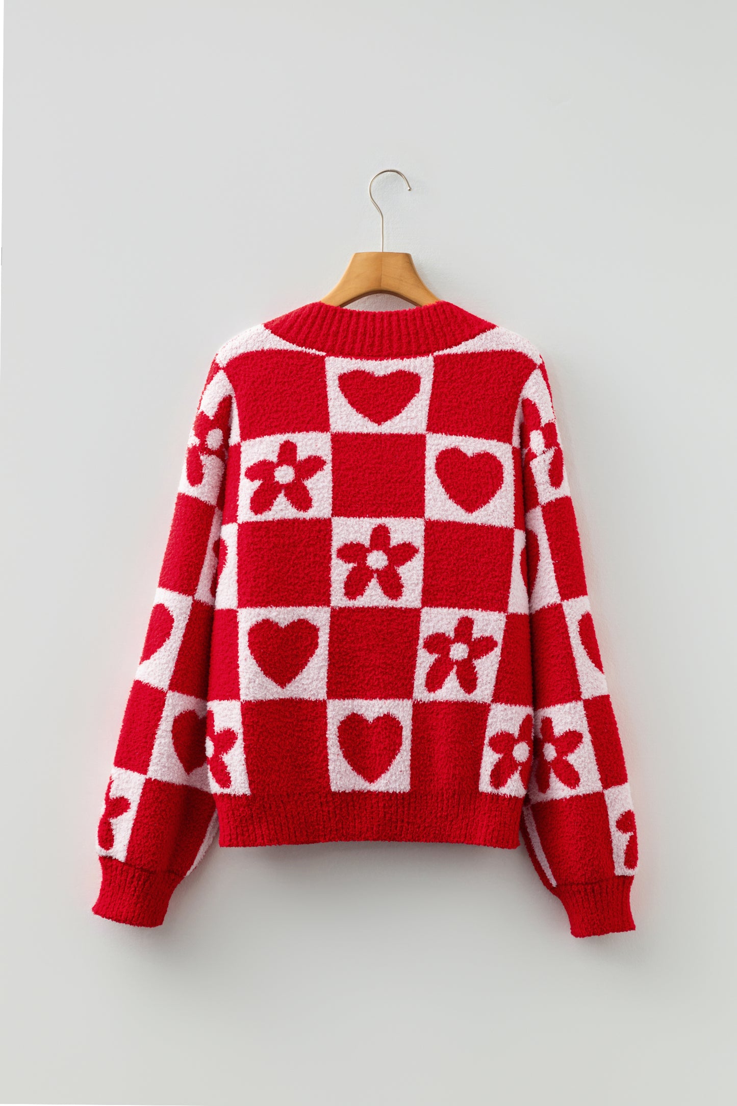 Fiery Red V Neck Flower Heart Detail Checkered Knit Loose Sweater-Sweaters & Cardigans/Sweaters-[Adult]-[Female]-2022 Online Blue Zone Planet