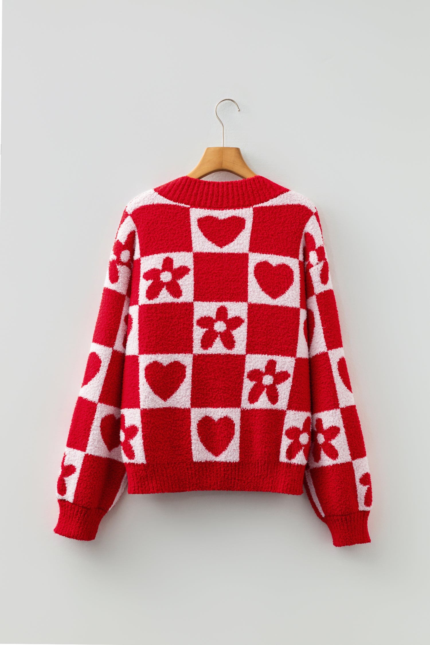 Fiery Red V Neck Flower Heart Detail Checkered Knit Loose Sweater-Sweaters & Cardigans/Sweaters-[Adult]-[Female]-2022 Online Blue Zone Planet