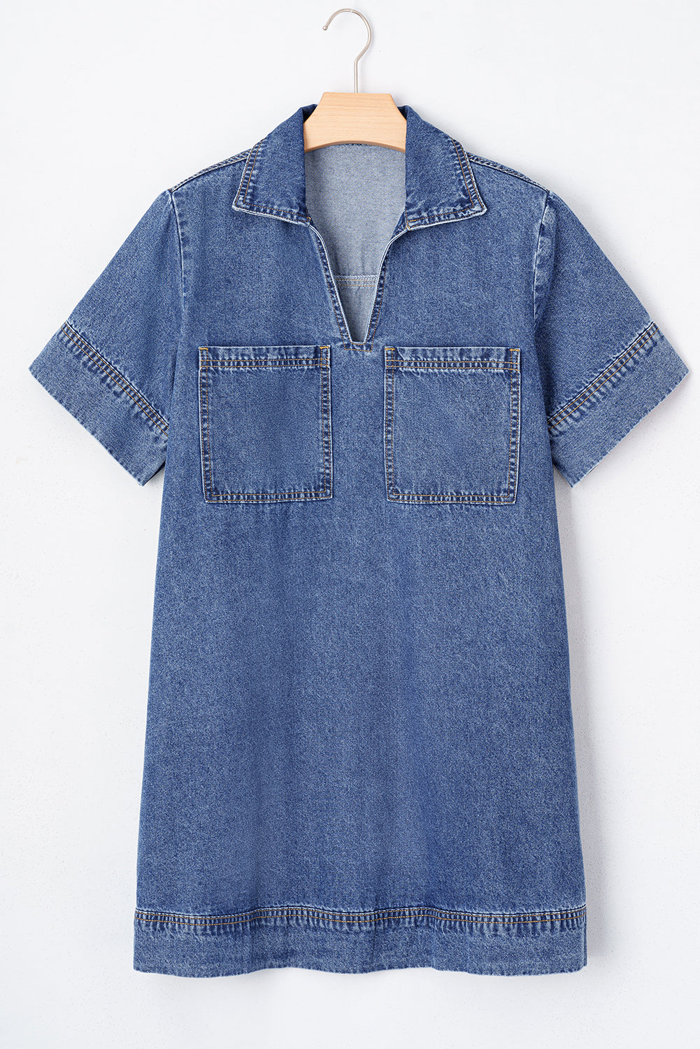 Beau Blue Short Sleeve Collared Patched Pocket Denim Mini Dress-Dresses/Mini Dresses-[Adult]-[Female]-2022 Online Blue Zone Planet