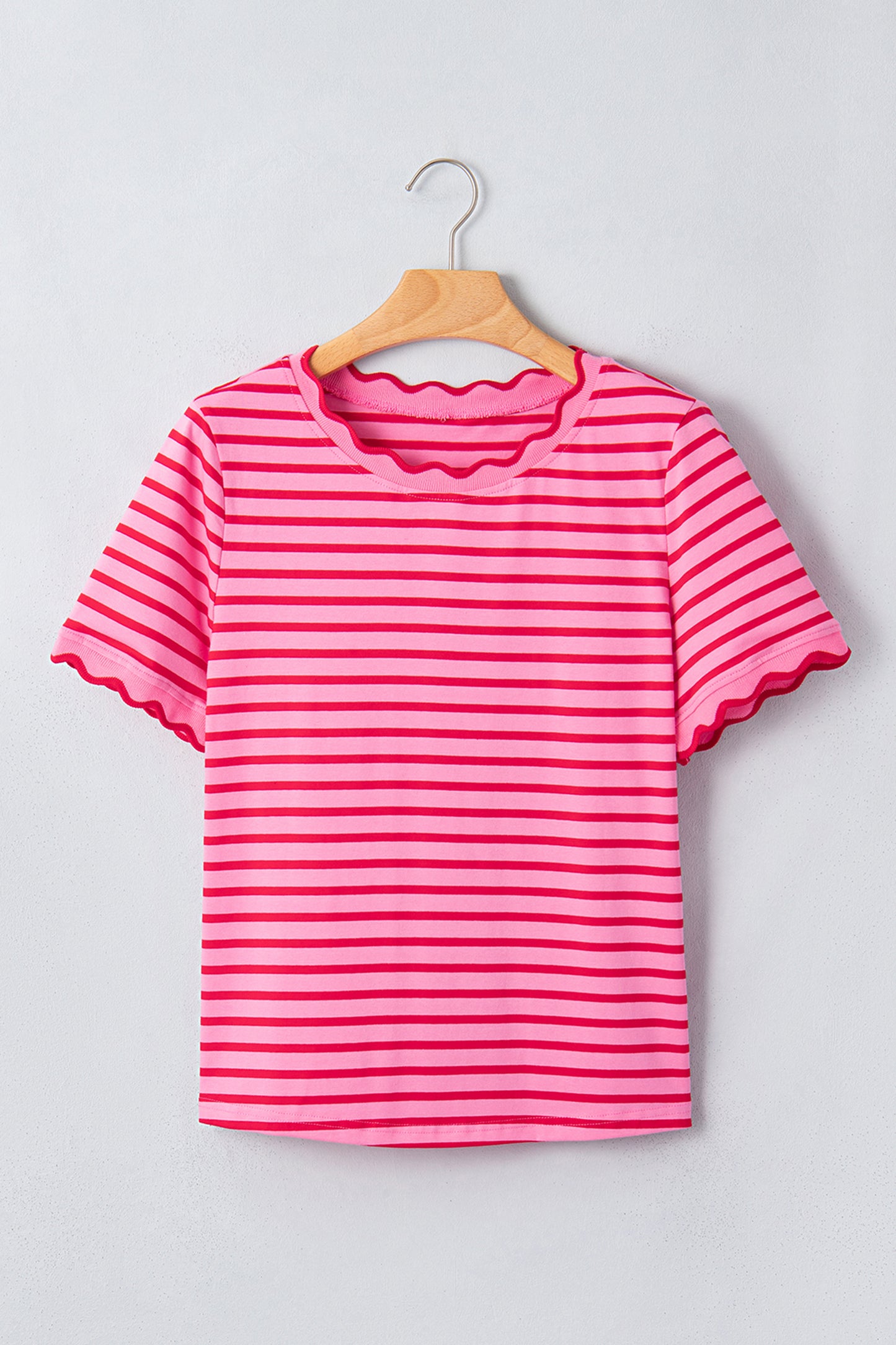 Pink Stripe Scalloped Trim Round Neck T Shirt-Tops/Tops & Tees-[Adult]-[Female]-2022 Online Blue Zone Planet