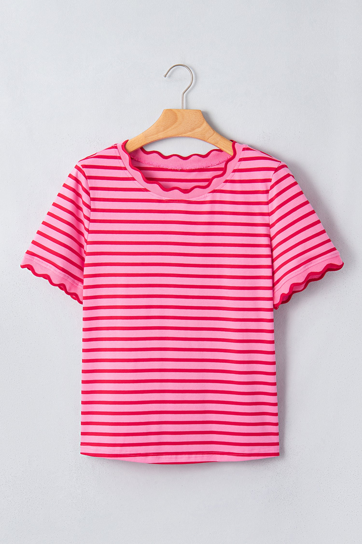 Pink Stripe Scalloped Trim Round Neck T Shirt-Tops/Tops & Tees-[Adult]-[Female]-2022 Online Blue Zone Planet