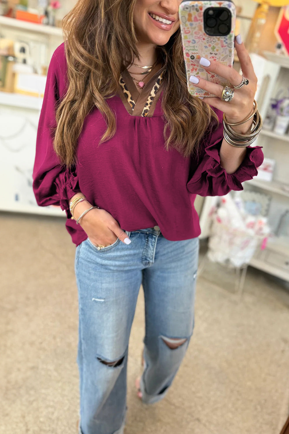 Violet Leopard Trim V Neck Flounced Bracelet Sleeve Blouse-Bracelet-[Adult]-[Female]-2022 Online Blue Zone Planet