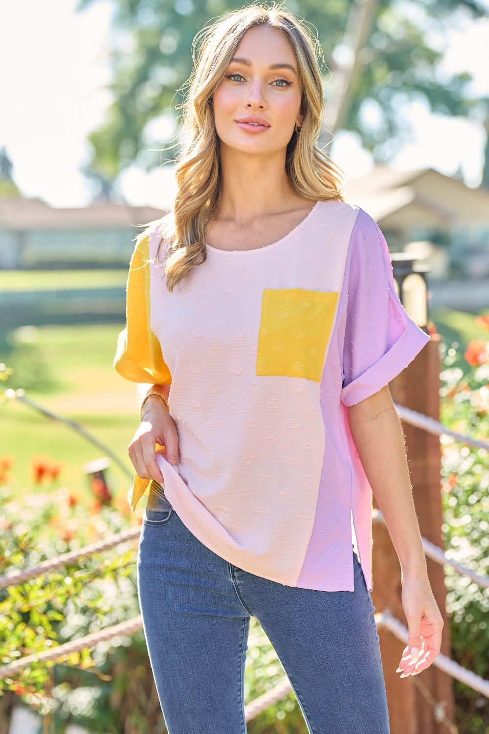 Hailey & Co Full Size Color Block Short Sleeve Top-TOPS / DRESSES-[Adult]-[Female]-Yellow-S-2022 Online Blue Zone Planet