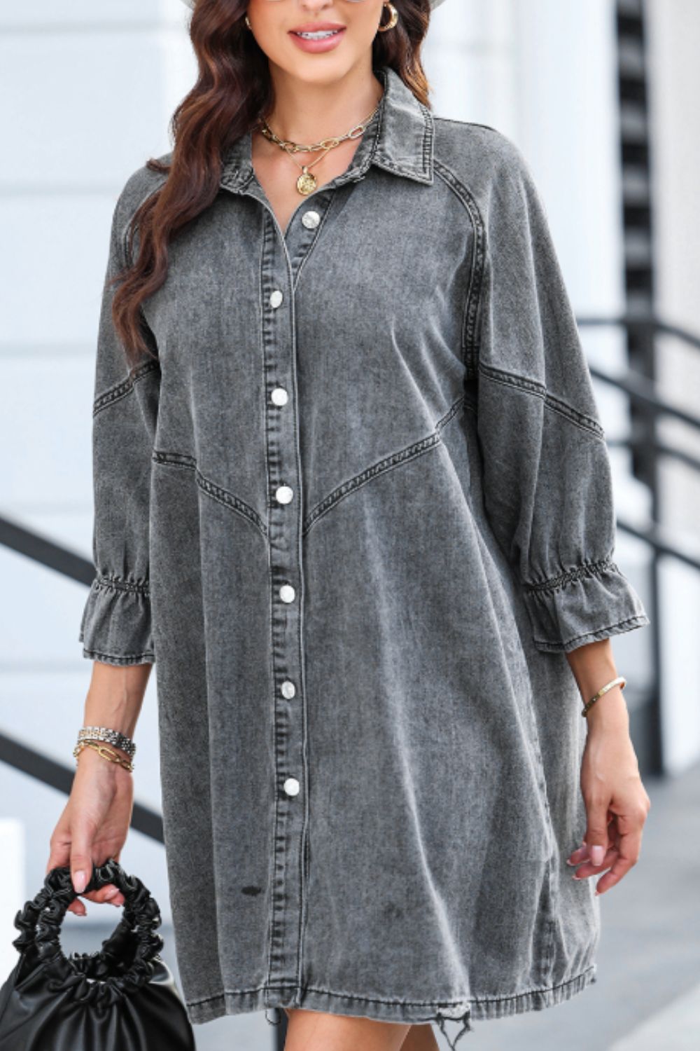 Blue Zone Planet | Distressed Collared Neck Flounce Sleeve Denim Dress-TOPS / DRESSES-[Adult]-[Female]-2022 Online Blue Zone Planet