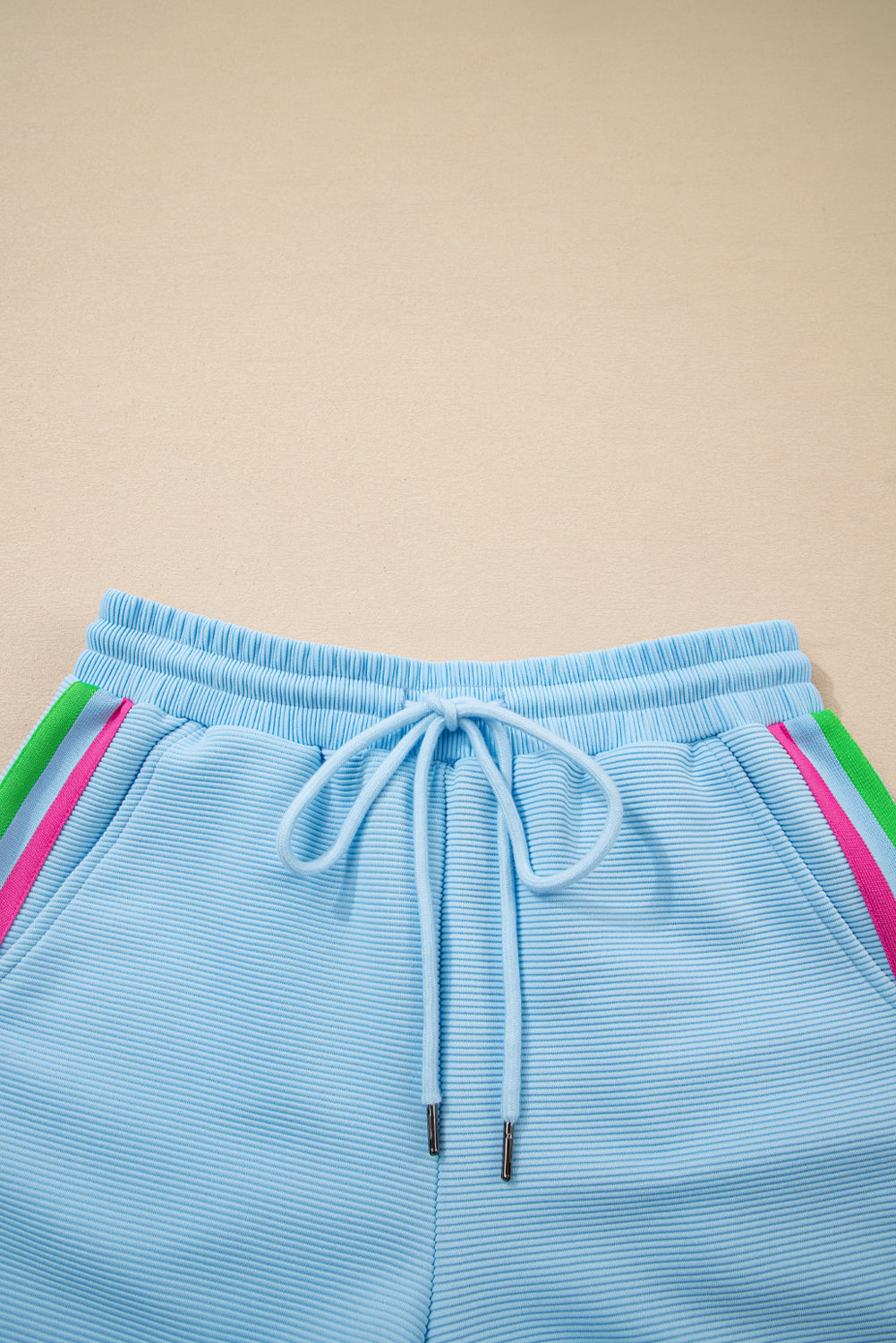 Beau Blue Striped Detail Flutter Sleeve Zipped Collar Short Set-Two Piece Sets/Short Sets-[Adult]-[Female]-2022 Online Blue Zone Planet
