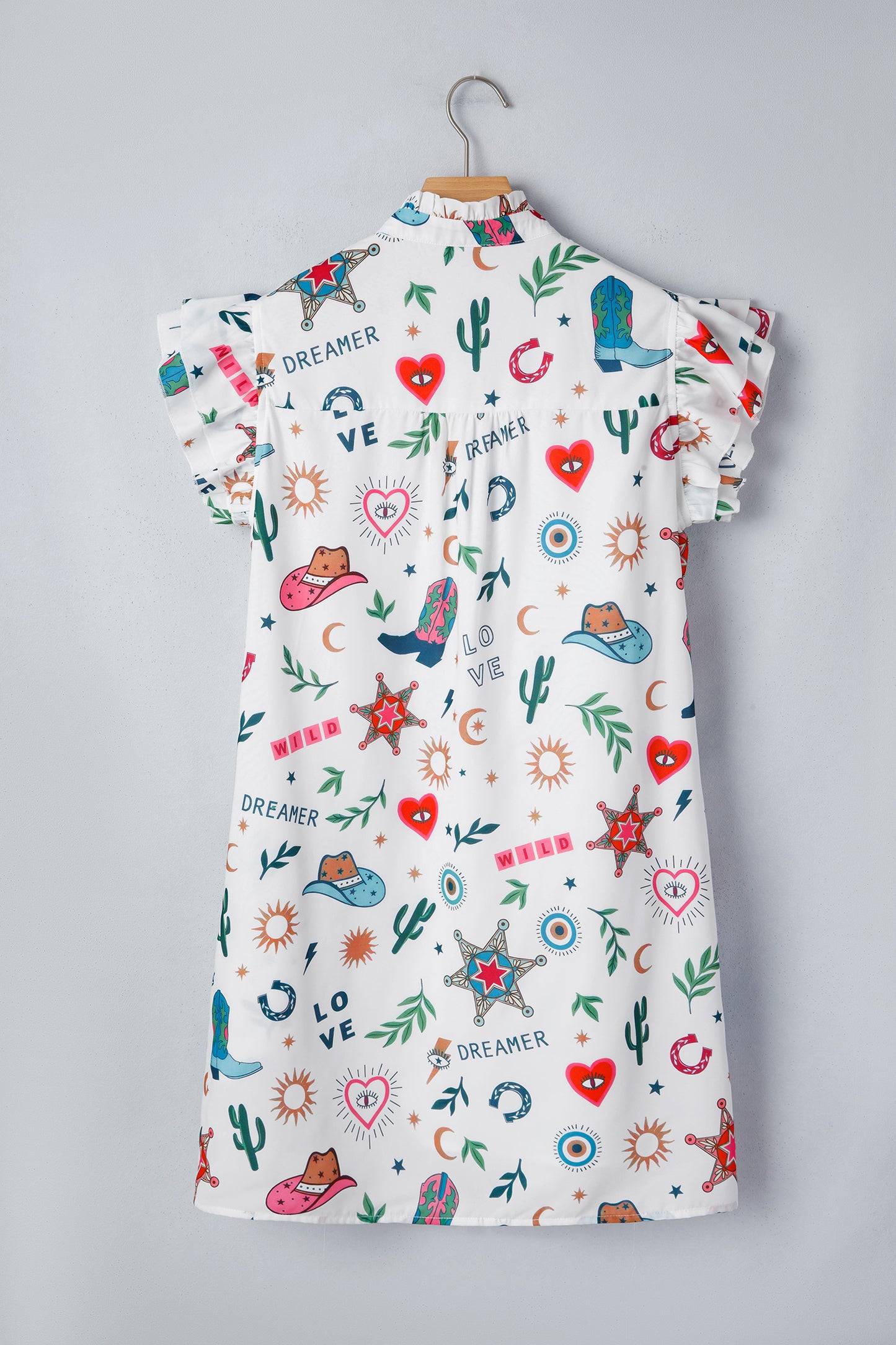 White Western Print Flutter Sleeve Button Down Mini Dress-Dresses/Mini Dresses-[Adult]-[Female]-2022 Online Blue Zone Planet