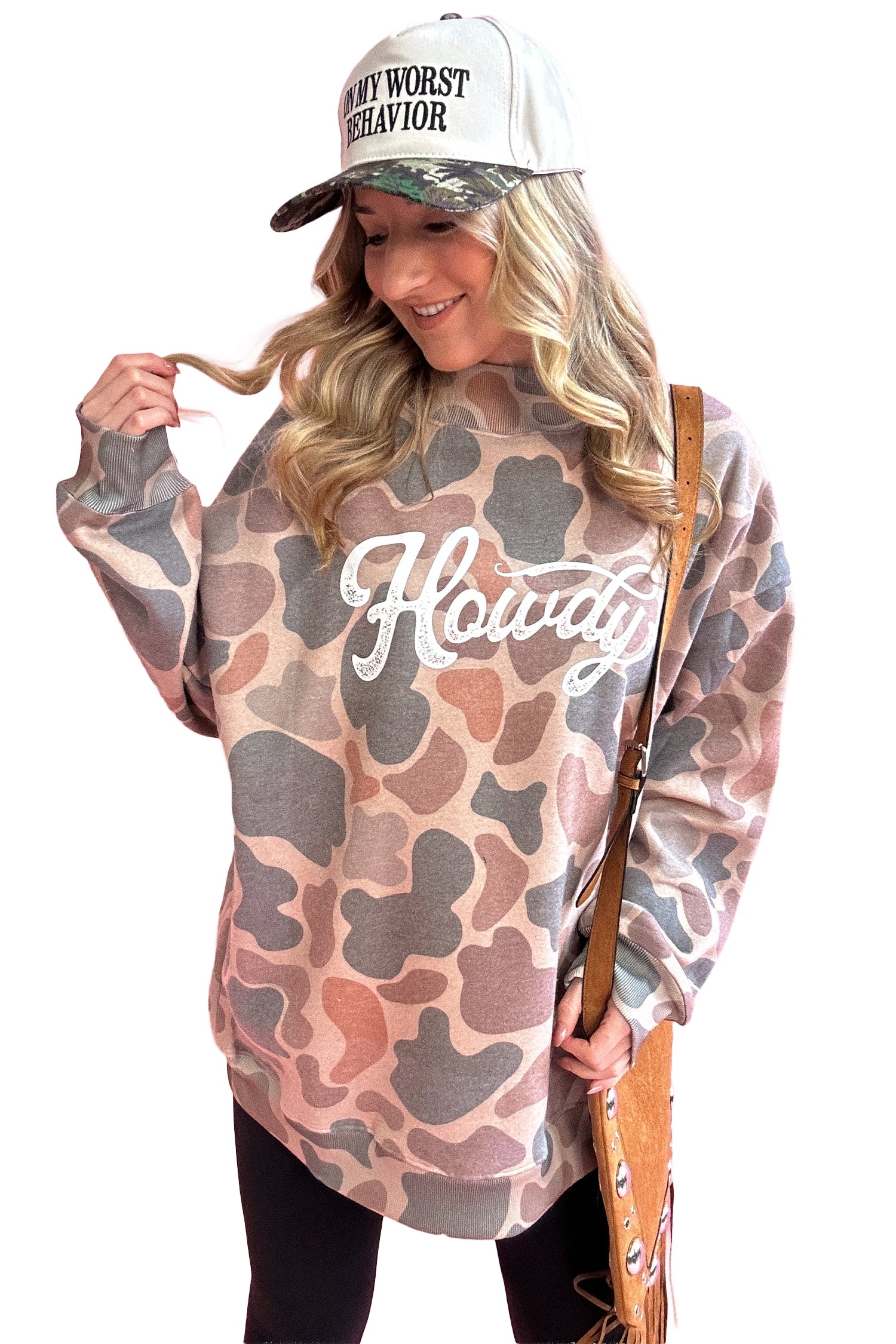Multicolour Camo Print Howdy Western Style Baggy Pullover Sweatshirt-Tops/Sweatshirts & Hoodies-[Adult]-[Female]-2022 Online Blue Zone Planet