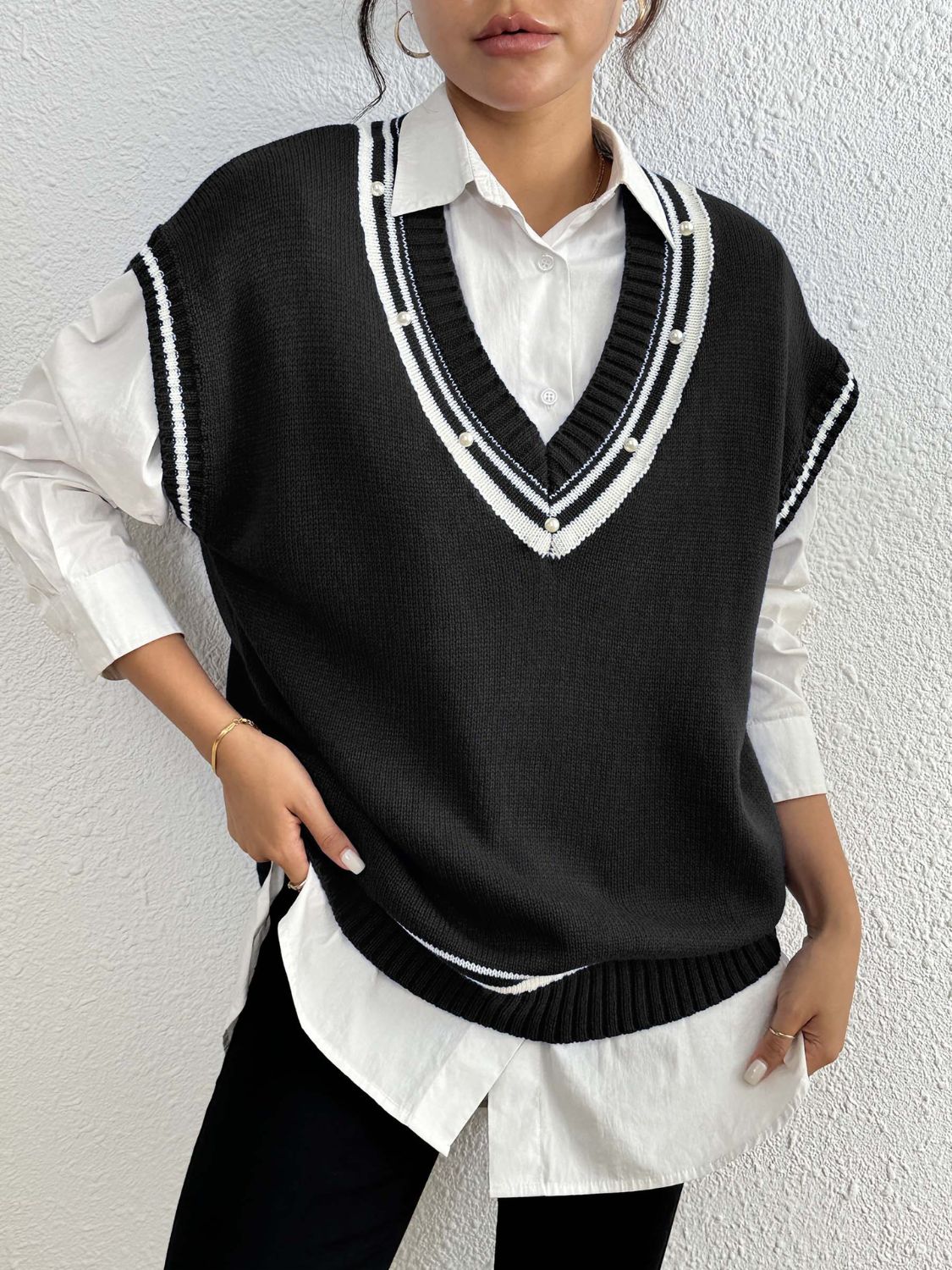 Pearl Trim Contrast V-Neck Sweater Vest-TOPS / DRESSES-[Adult]-[Female]-2022 Online Blue Zone Planet