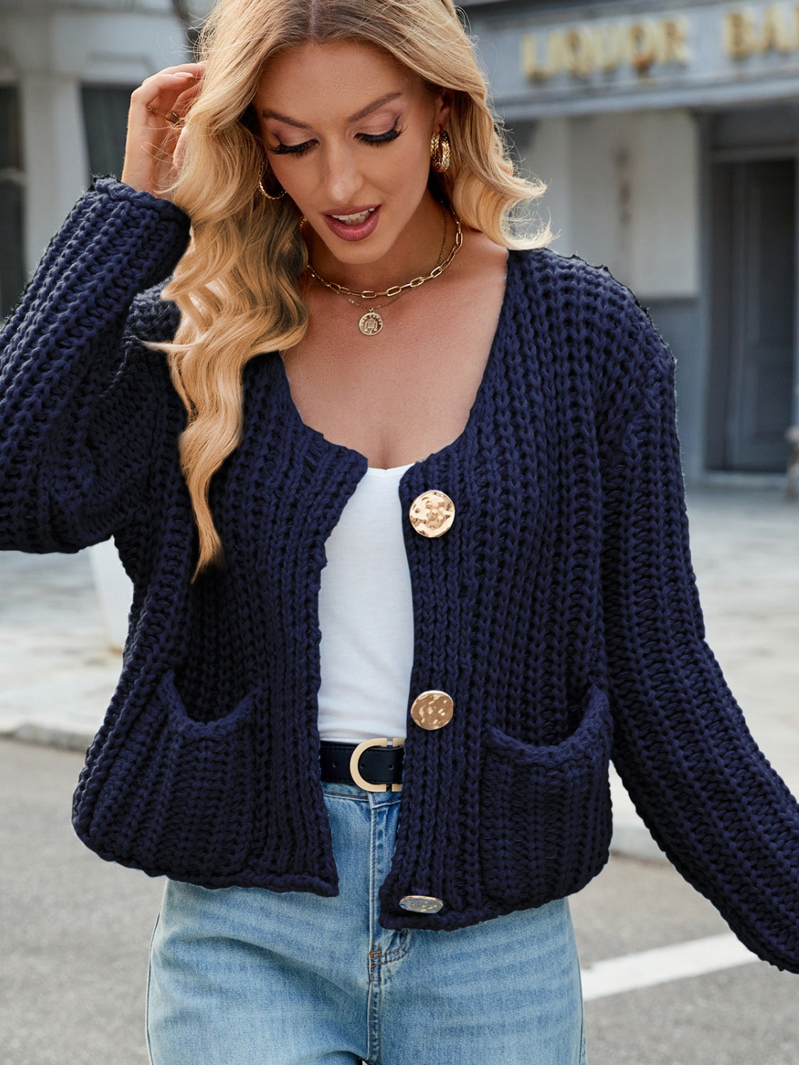 Blue Zone Planet | Round Neck Button Up Cardigan with Pockets-TOPS / DRESSES-[Adult]-[Female]-2022 Online Blue Zone Planet