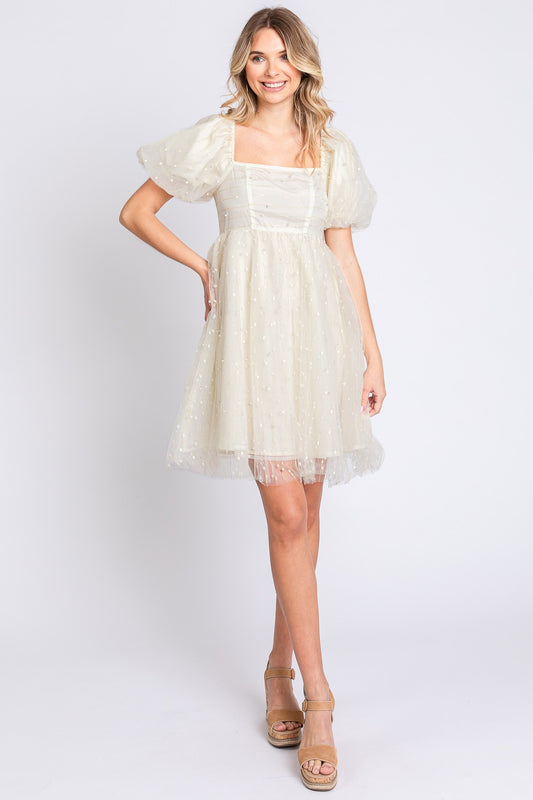 GeeGee Pearl Mesh Puff Sleeve Babydoll Dress-TOPS / DRESSES-[Adult]-[Female]-Cream-S-2022 Online Blue Zone Planet