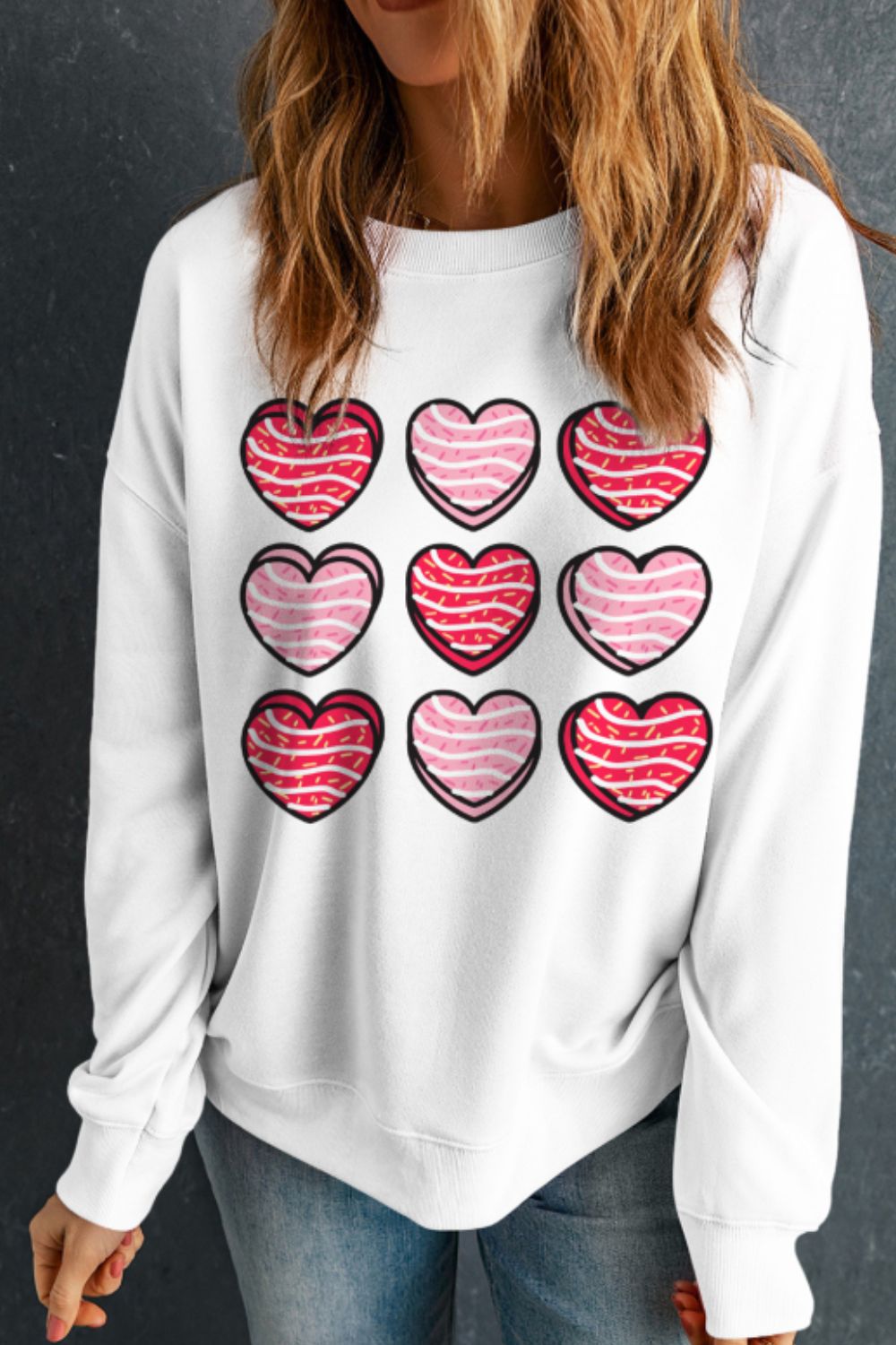 Blue Zone Planet | Valentine's Day Heart Round Neck Long Sleeve Sweatshirt-TOPS / DRESSES-[Adult]-[Female]-2022 Online Blue Zone Planet