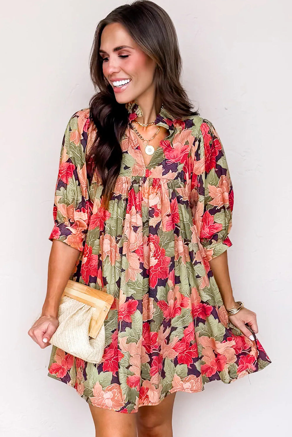Green Floral Print Frilled Collar V Neck Half Sleeve Mini Dress-TOPS / DRESSES-[Adult]-[Female]-2022 Online Blue Zone Planet