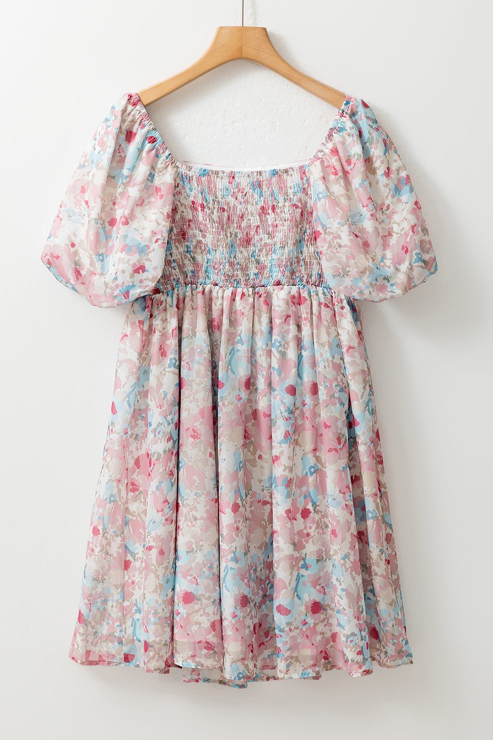 Pink Floral Puff Sleeve Square Neck Smock Ruffled Dress Blue Zone Planet