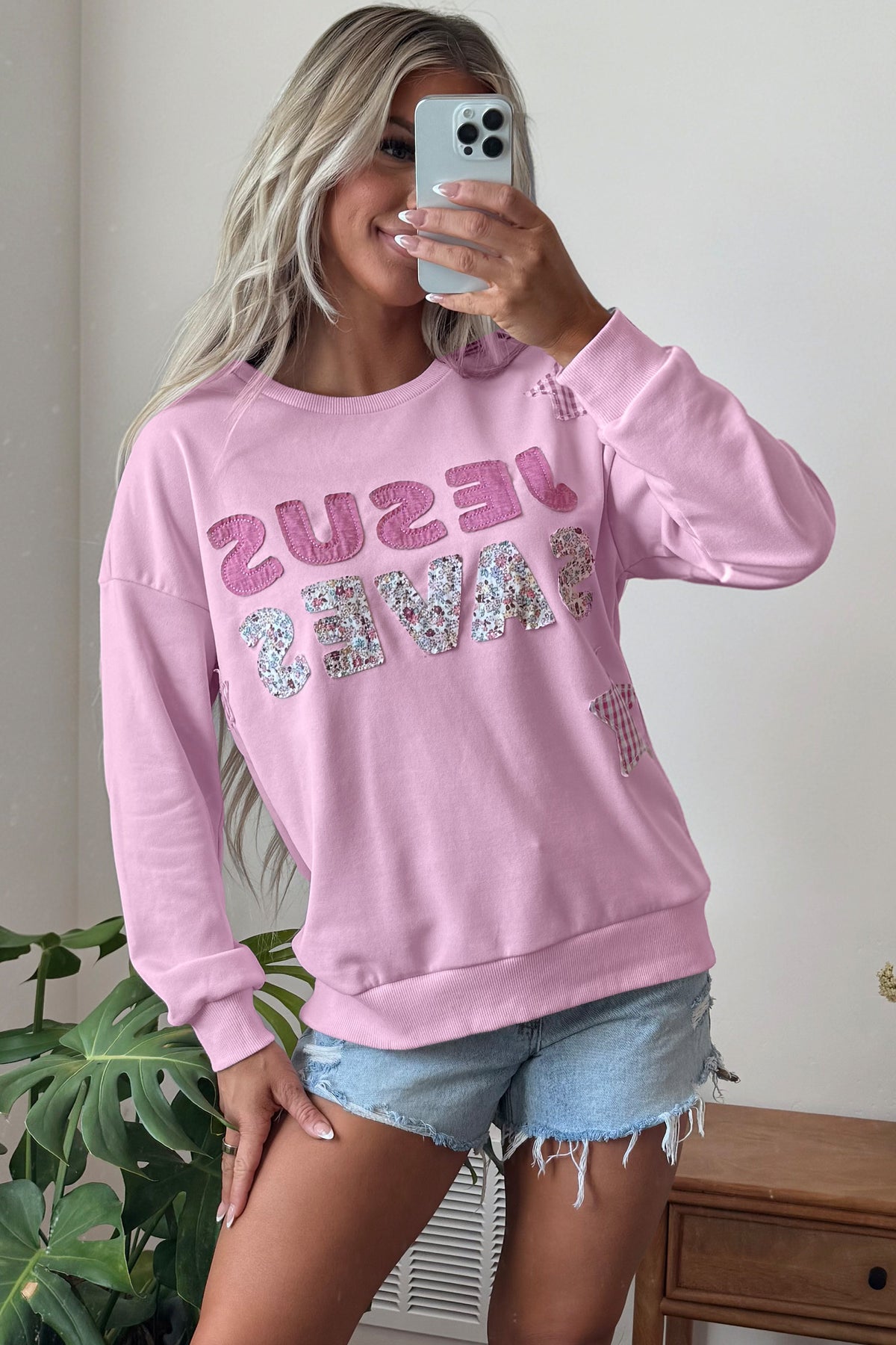 Pink Patchwork Stars Plaid Unique Floral Letters Baggy Sweatshirt-Tops/Sweatshirts & Hoodies-[Adult]-[Female]-2022 Online Blue Zone Planet
