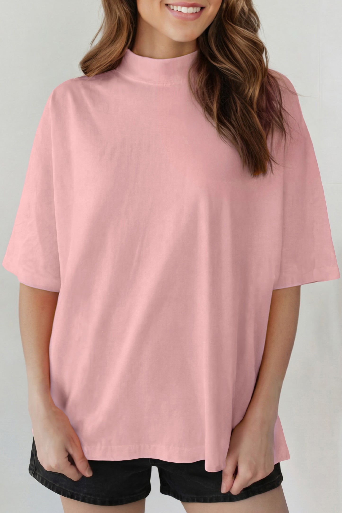 Pink Solid Color High Neck Oversize Tee-Tops/Tops & Tees-[Adult]-[Female]-Pink-S-2022 Online Blue Zone Planet