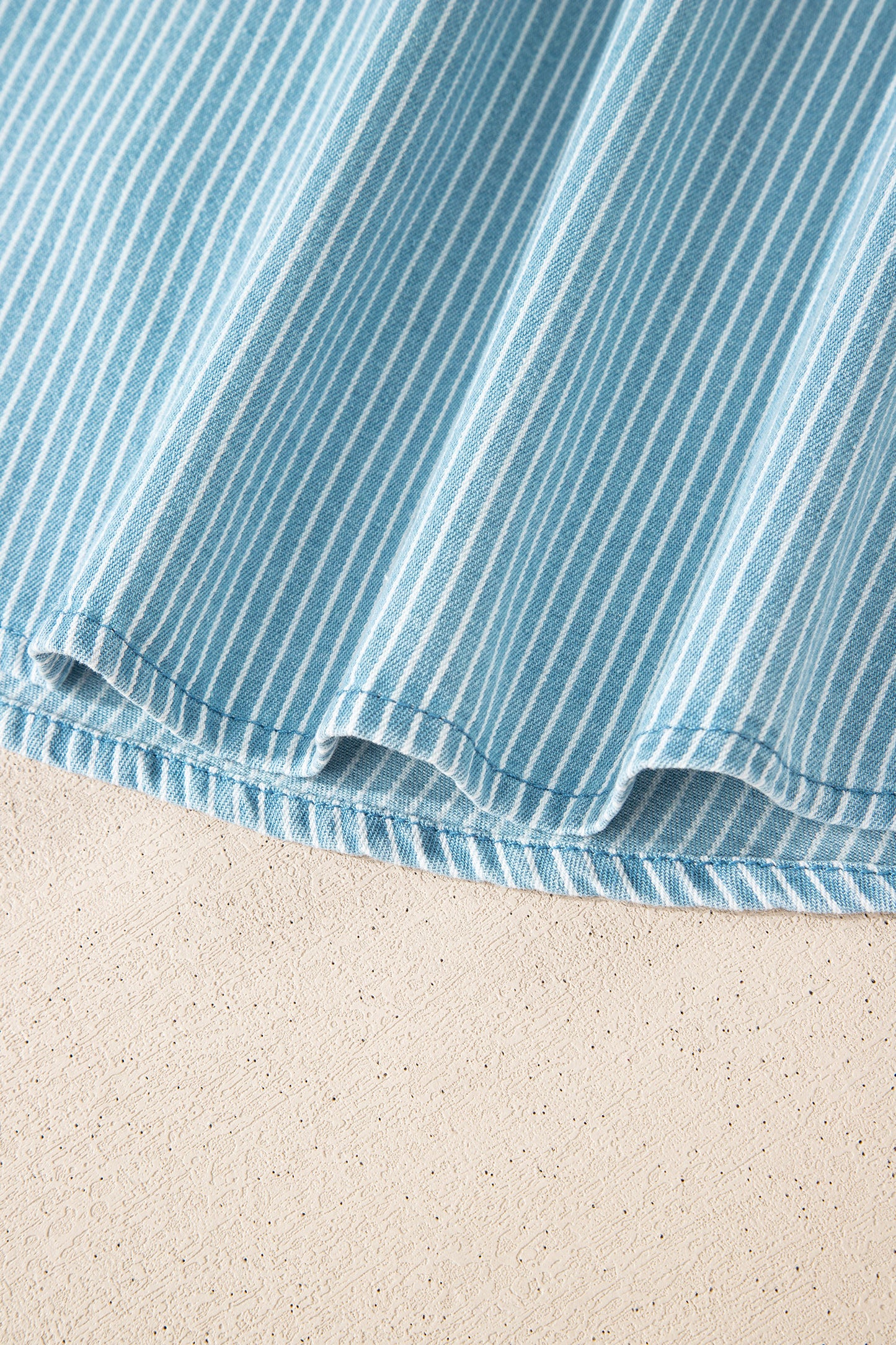 Sky Blue Stripe Cuffed Short Sleeve Button up Loose Shirt-Tops/Blouses & Shirts-[Adult]-[Female]-2022 Online Blue Zone Planet